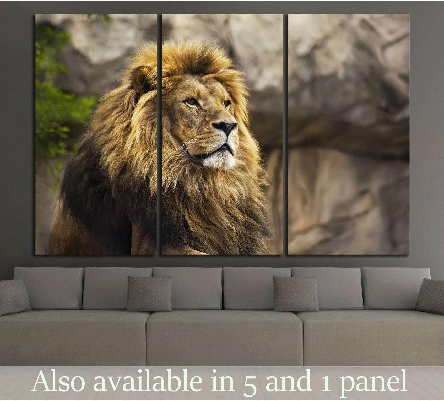 Close-up lion triptych canvas print hung above a sofa in a modern living room with warm brown and stone tones