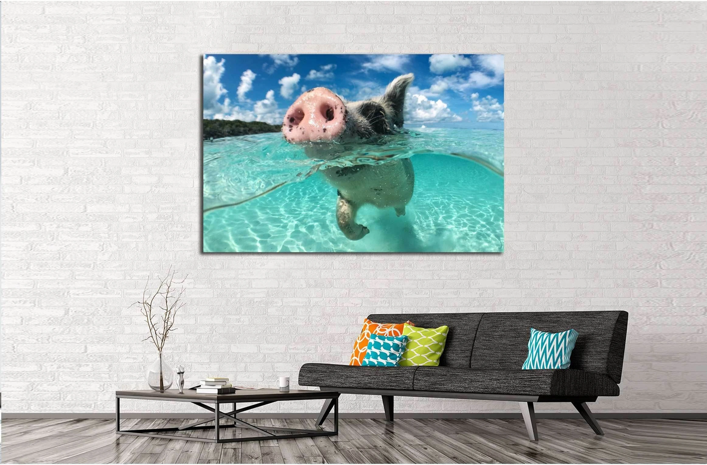 Wild, swimming pig on Big Majors Cay in The Bahamas №2382 Ready to Hang Canvas Print - Zellart Canvas Prints ALL_Products, s-2382