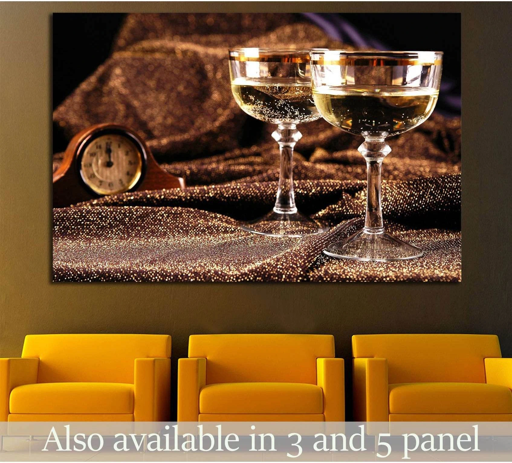 Champagne glasses canvas print with gold sparkling wine on bronze fabric, displayed above yellow chairs