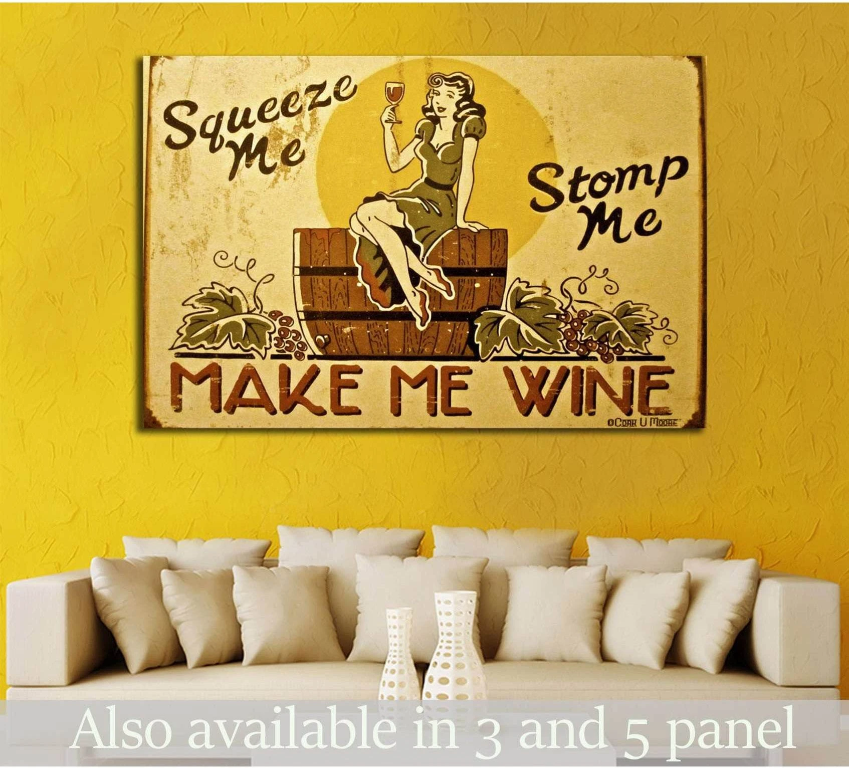 Vintage wine pin-up canvas print with retro woman on barrels, grape motifs, and sepia bar sign styling above a sofa