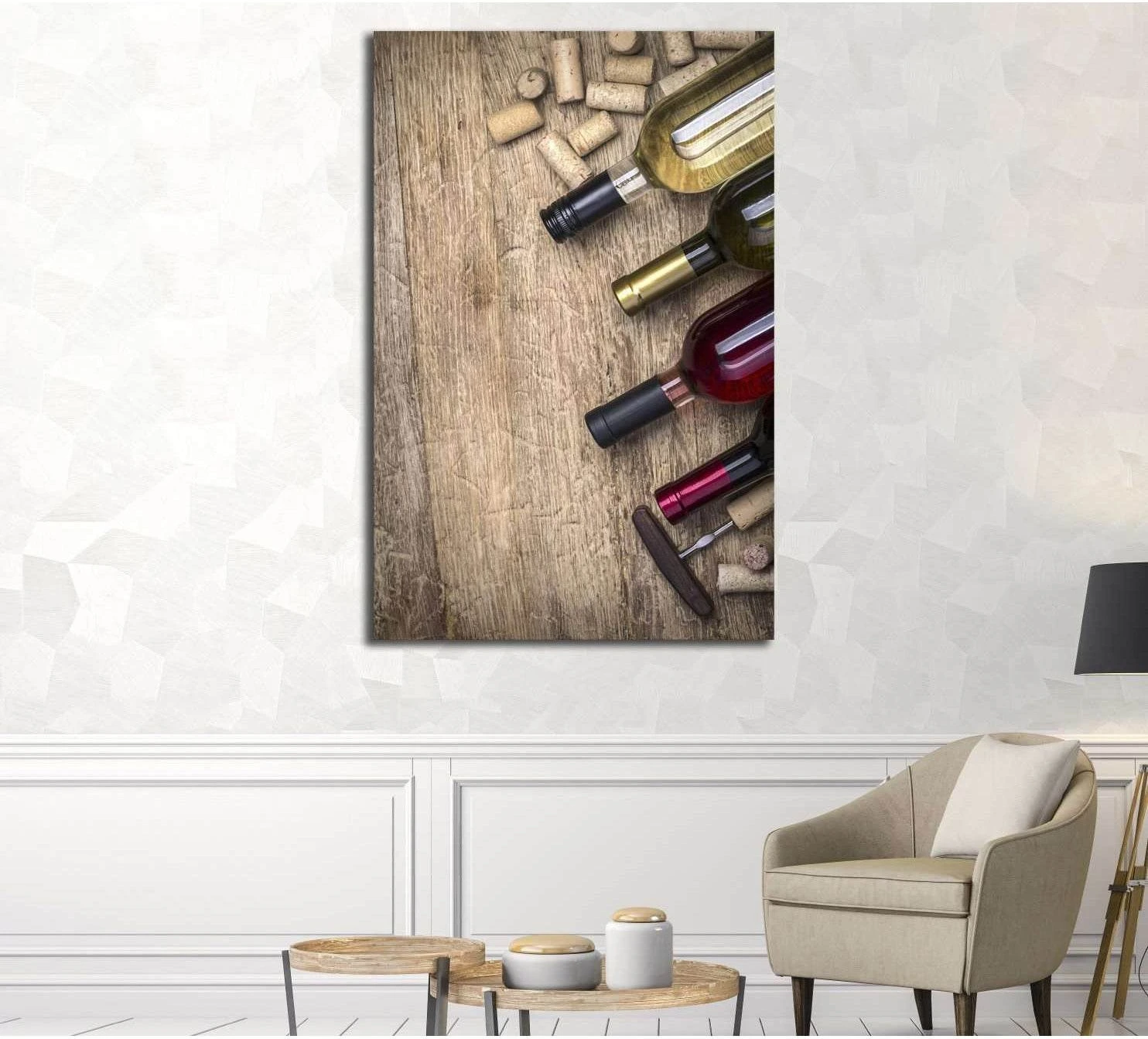 Wine bottles and corks still life canvas print on rustic wood above chair in a neutral room