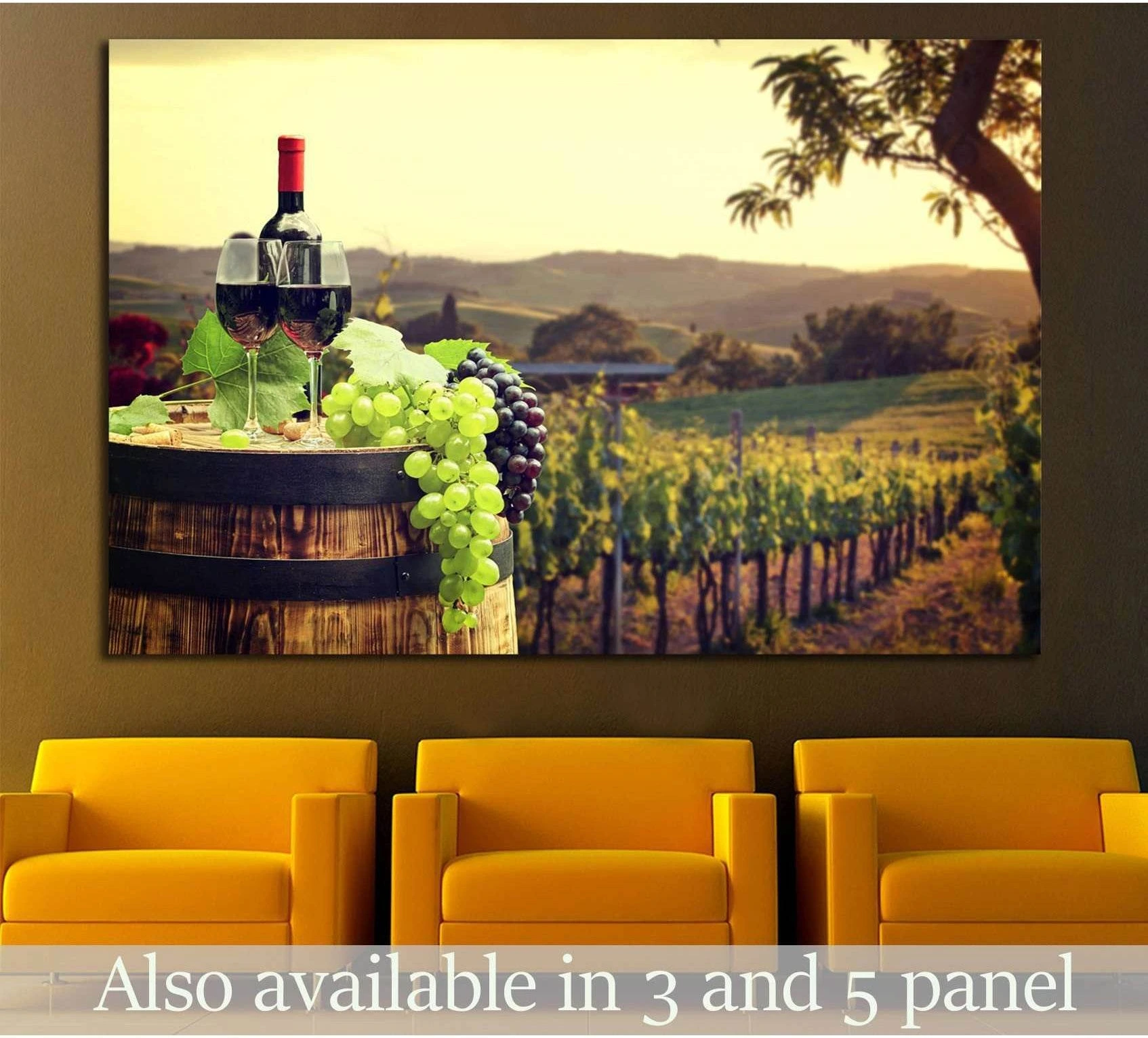 Wine vineyard canvas print with bottle, two glasses, and grapes on a barrel above chairs in a dining room mockup