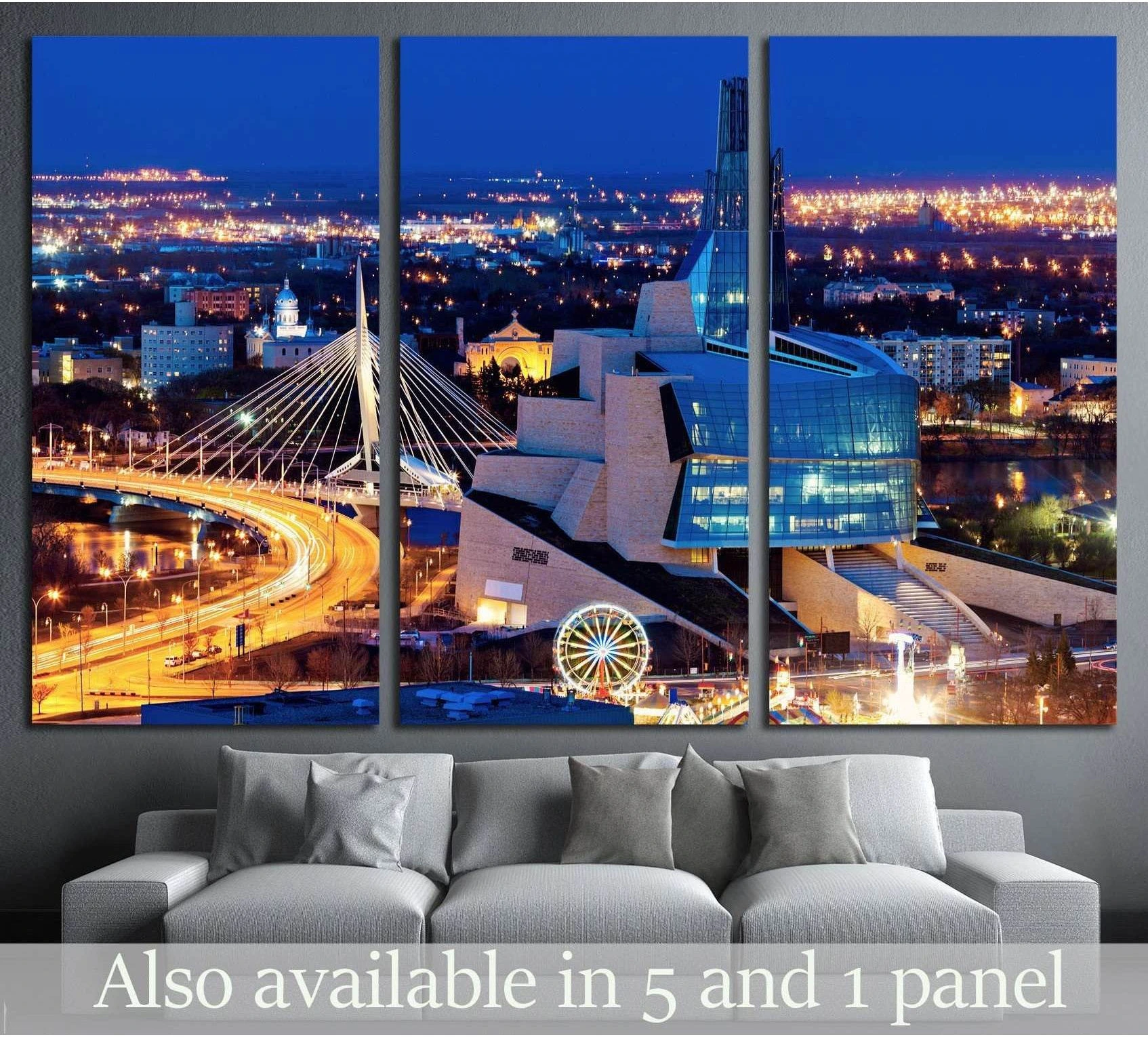 Winnipeg skyline canvas print with Canadian Museum for Human Rights above a sofa in a modern living room