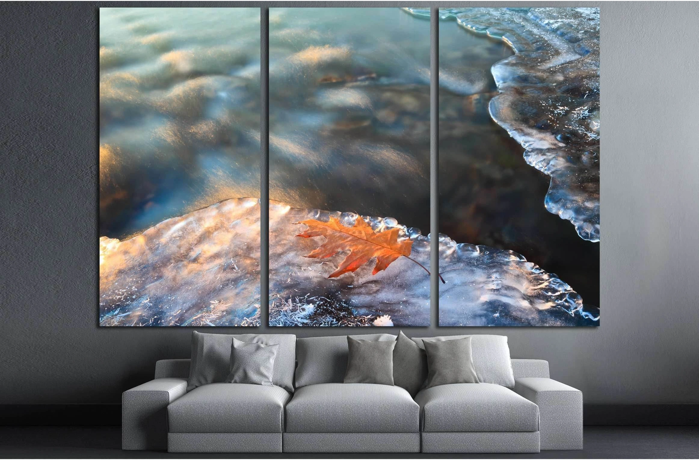 Winter icy stream and yellow leaf on the ice. Beautiful Christmas card №3210 Ready to Hang Canvas Print - Zellart Canvas Prints ALL_Products, s-3210