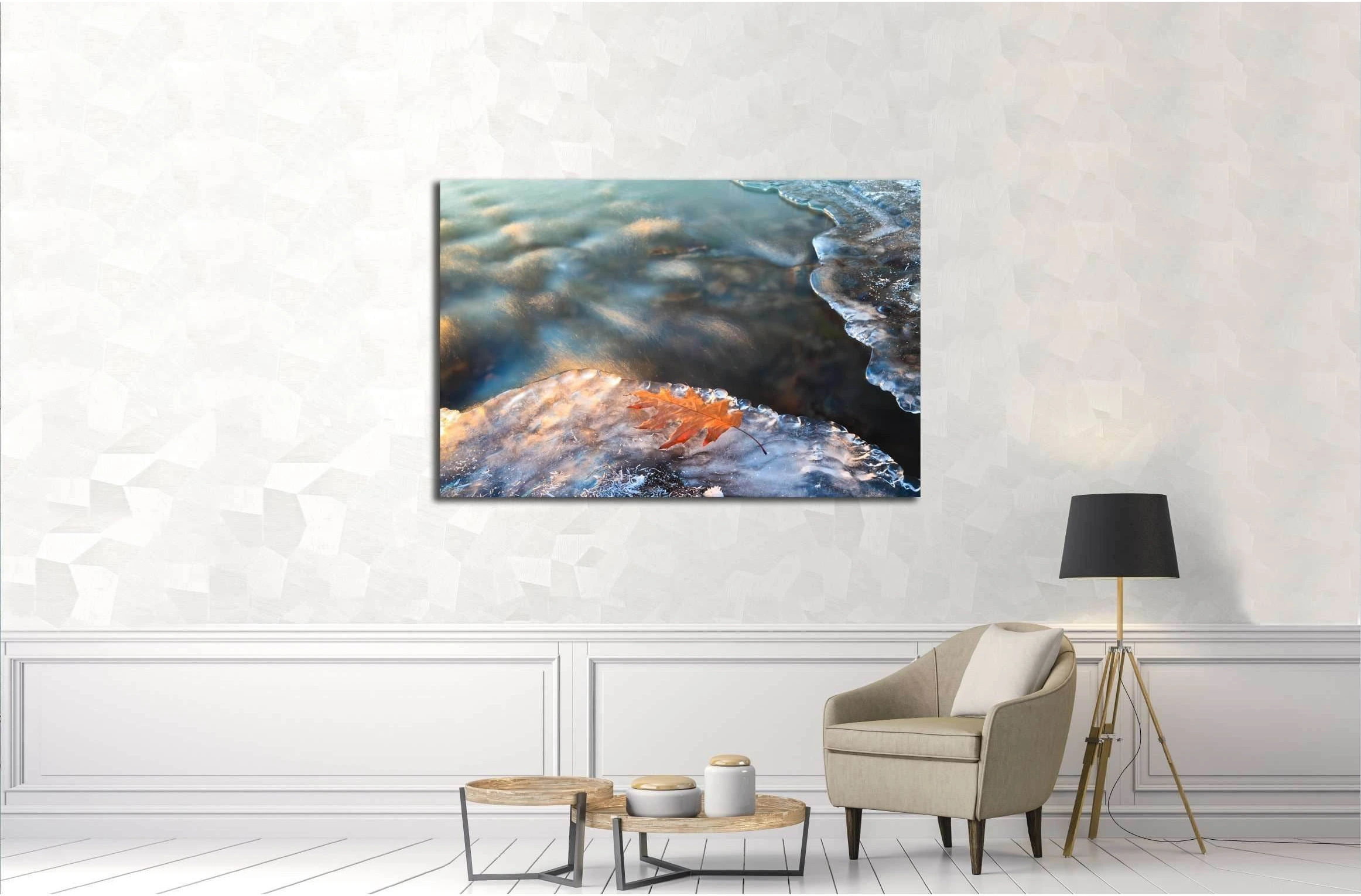 Winter icy stream and yellow leaf on the ice. Beautiful Christmas card №3210 Ready to Hang Canvas Print - Zellart Canvas Prints ALL_Products, s-3210