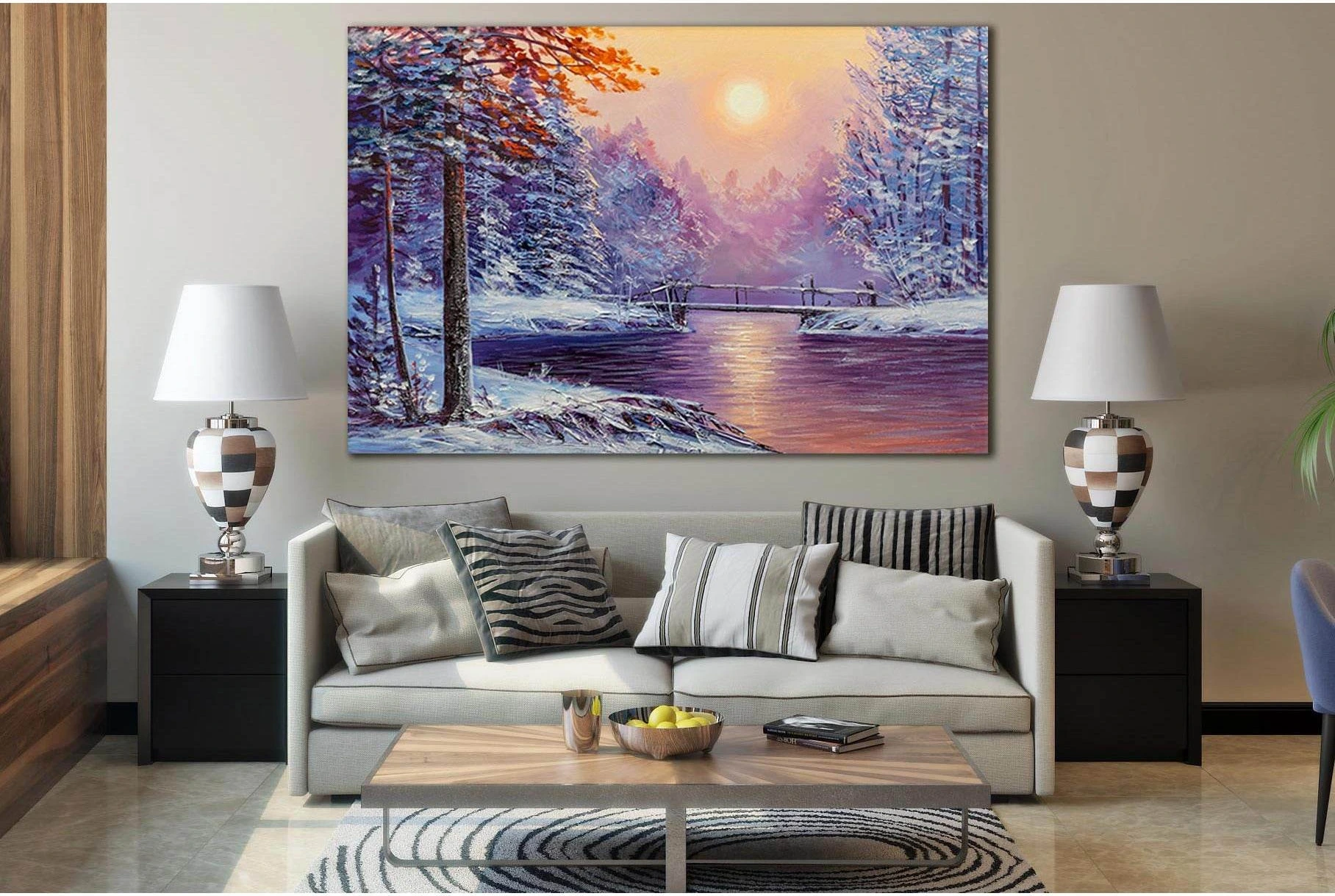 Winter River And Bridge Oil Painting №SL615 Ready to Hang Canvas Print - Zellart Canvas Prints 0new, ALL_Products, Oil Painting Wall Art