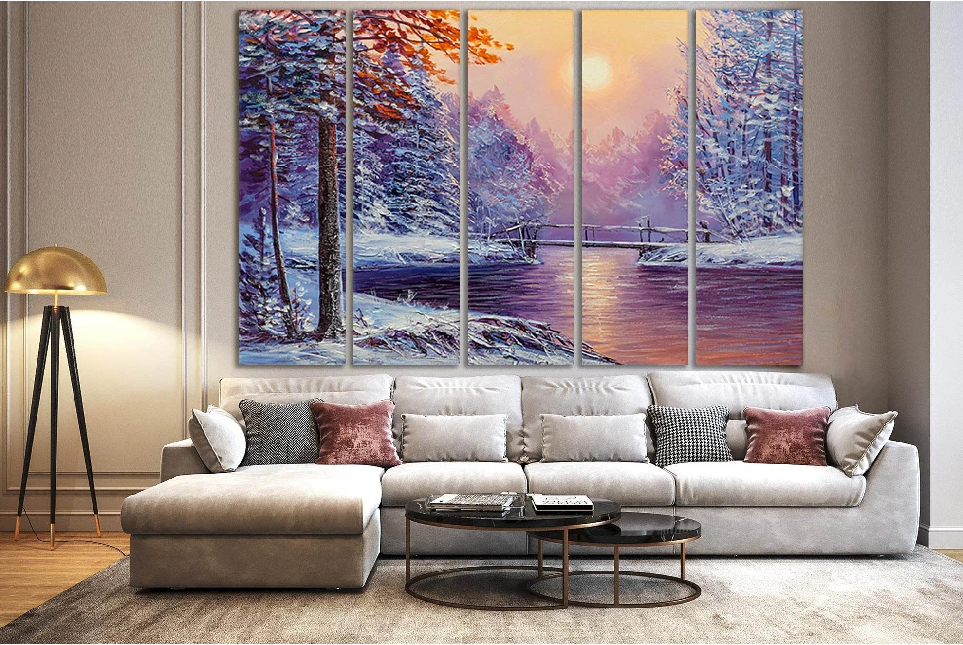 Winter River And Bridge Oil Painting №SL615 Ready to Hang Canvas Print - Zellart Canvas Prints 0new, ALL_Products, Oil Painting Wall Art