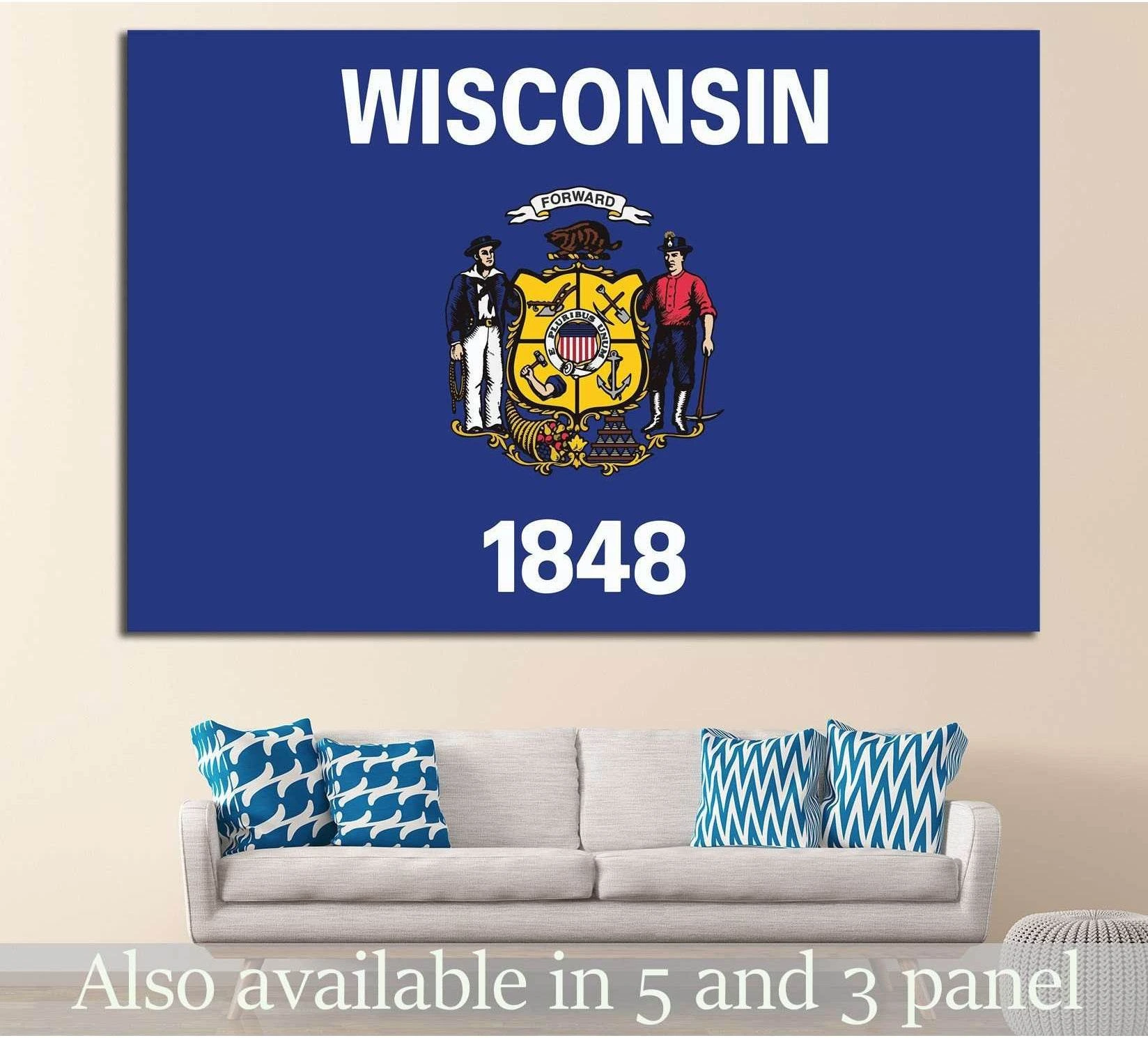 Wisconsin flag canvas print with state seal and 1848 displayed above a sofa in a neutral living room