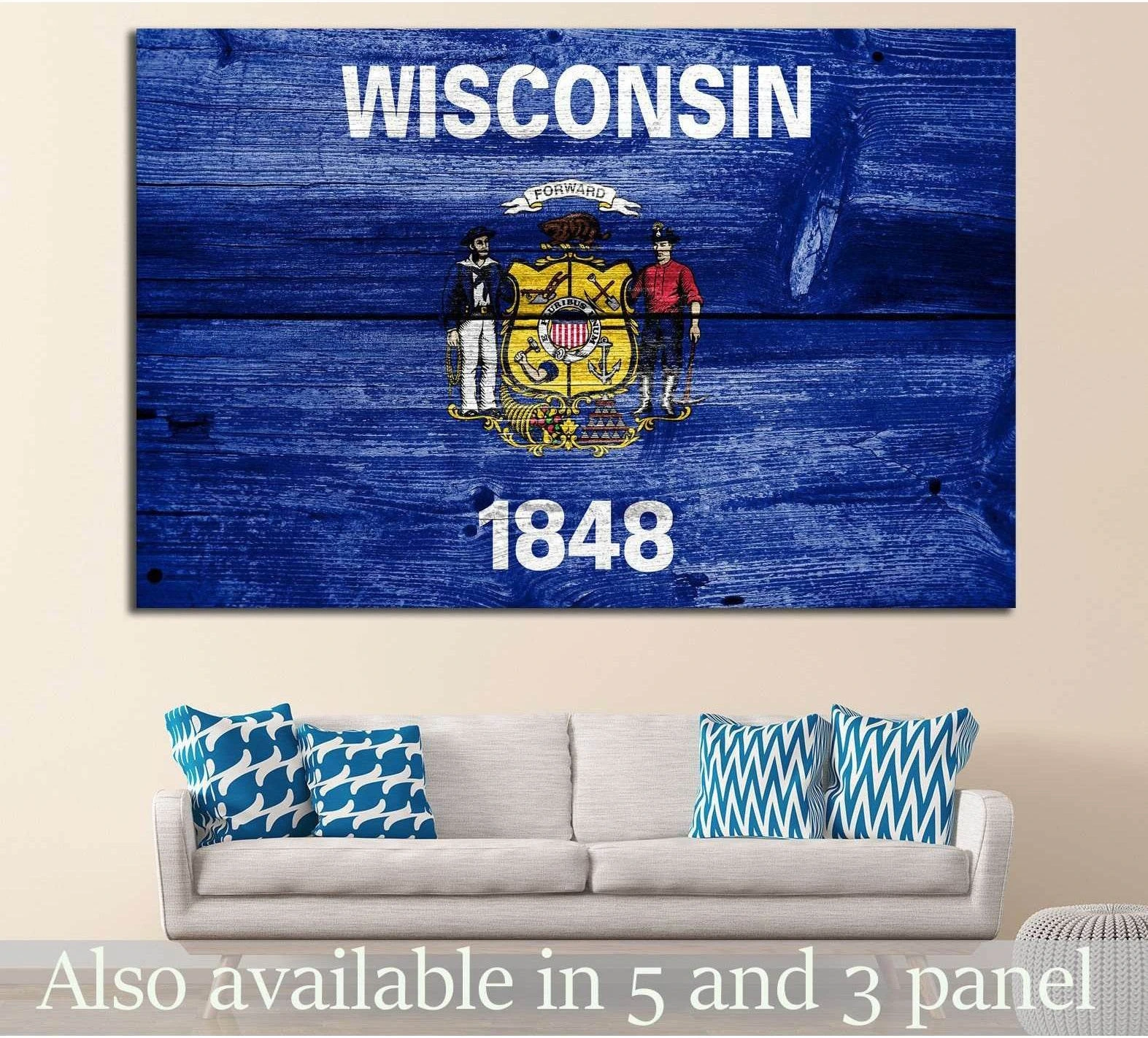 Wisconsin state flag canvas print with distressed blue wood planks and 1848 seal above a sofa