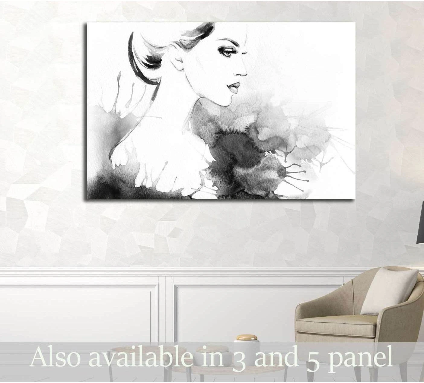 Black and white woman portrait canvas print above chair in a modern neutral living room