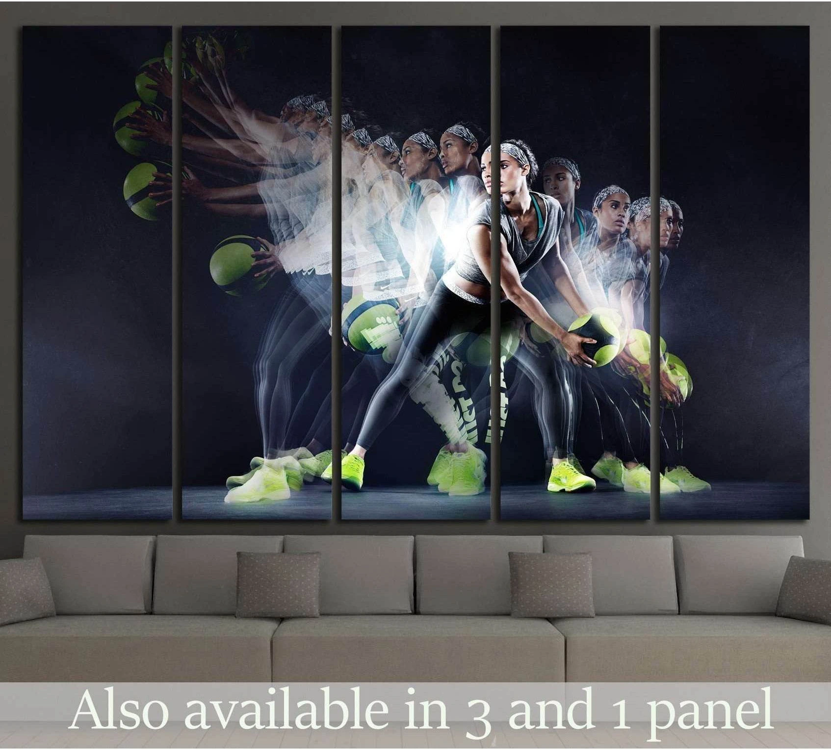 Female tennis canvas print with layered swing motion and neon green balls in a dark studio