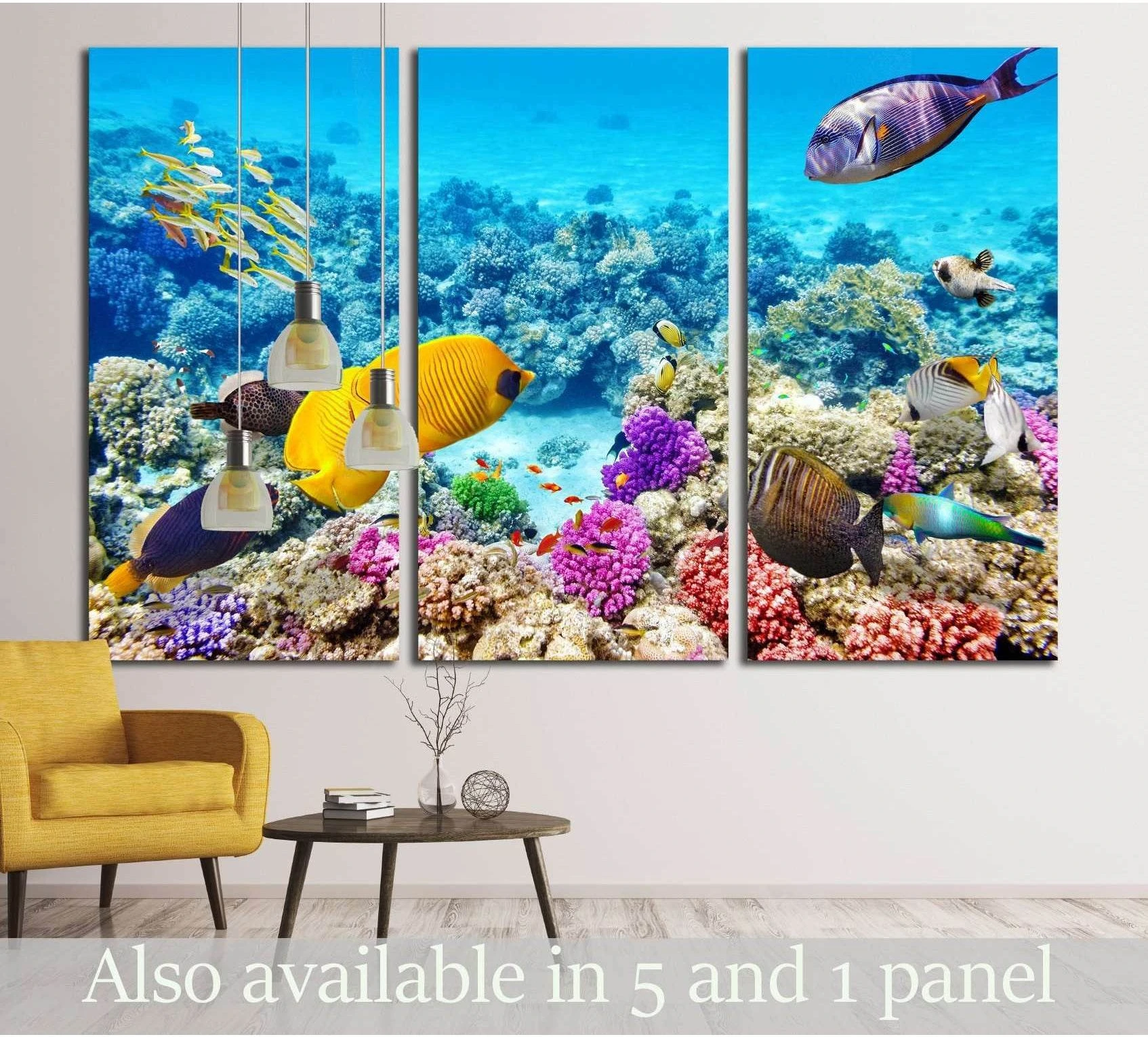 Wonderful and beautiful underwater world with corals and tropical fish showing blue ocean wall art with water and coastal depth.