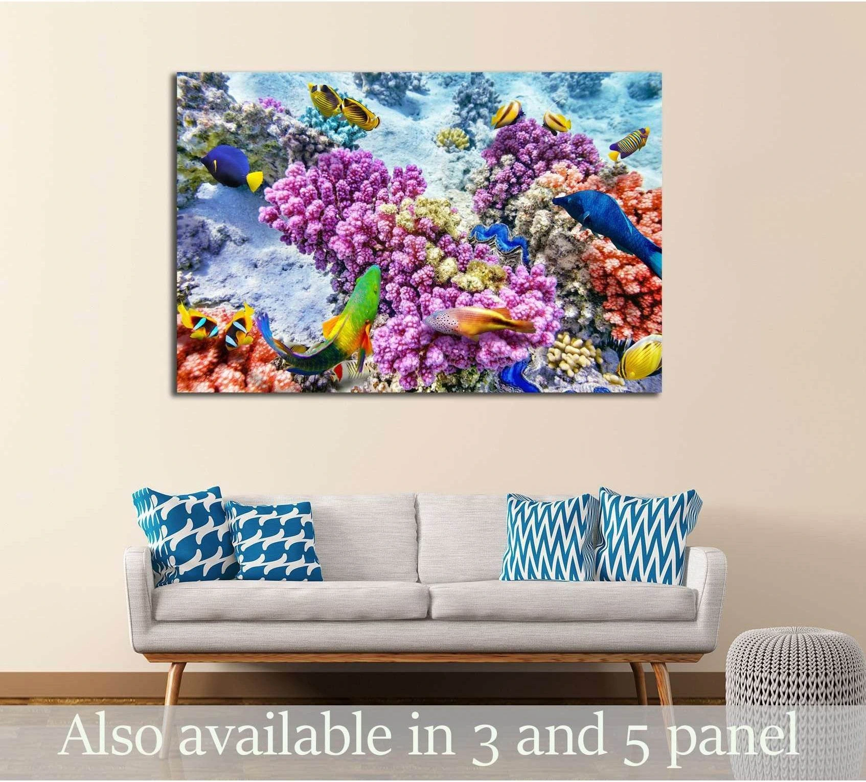 Wonderful and beautiful underwater world with corals and tropical fish showing blue ocean wall art with water and coastal depth.