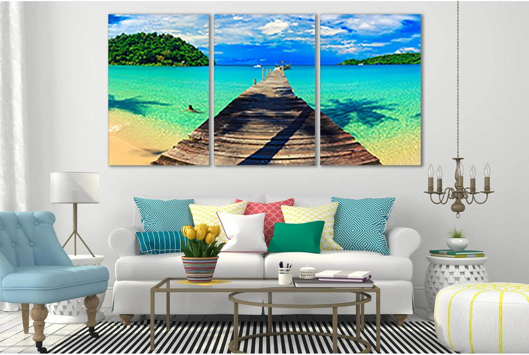 Turquoise and Green Tropical Pier Seascape Wall Art Canvas selected for sailboats and route objects in modern nautical wall art.