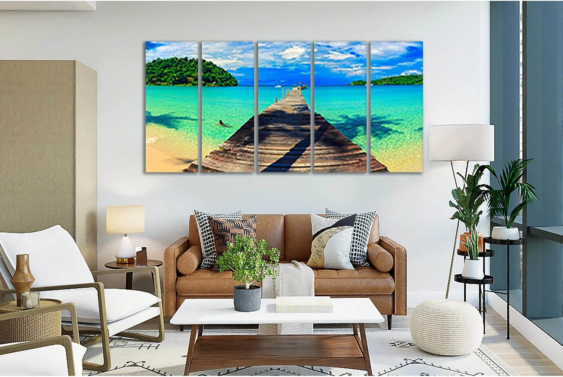Tropical seascape with a wooden pier leading into turquoise water, green headlands and a blue cloudy sky detail view