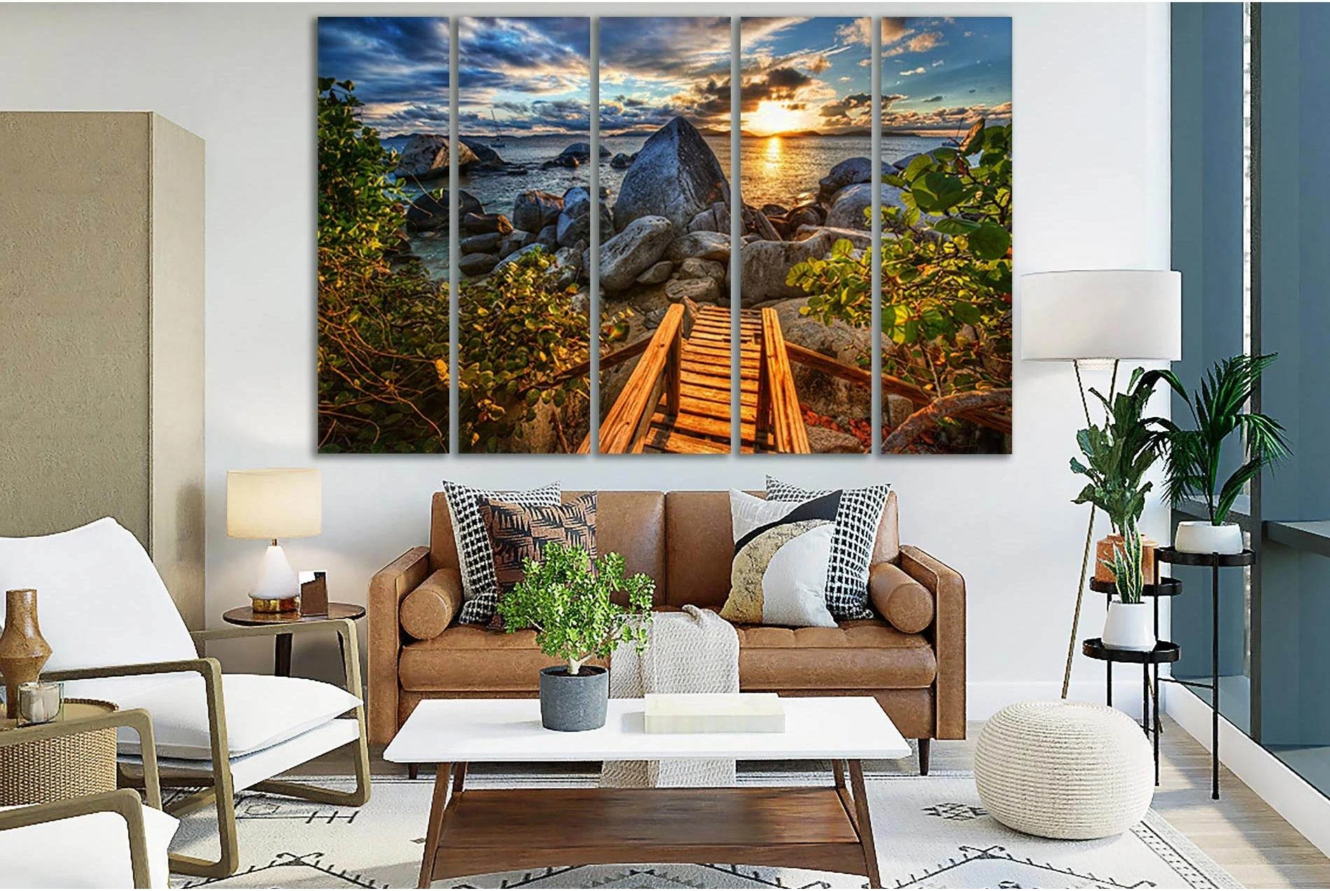 Wooden Staircase Sea Sunset №SL256 Ready to Hang Canvas Print - Zellart Canvas Prints 0new, ALL_Products, SUNRISE & SUNSET WALL ART