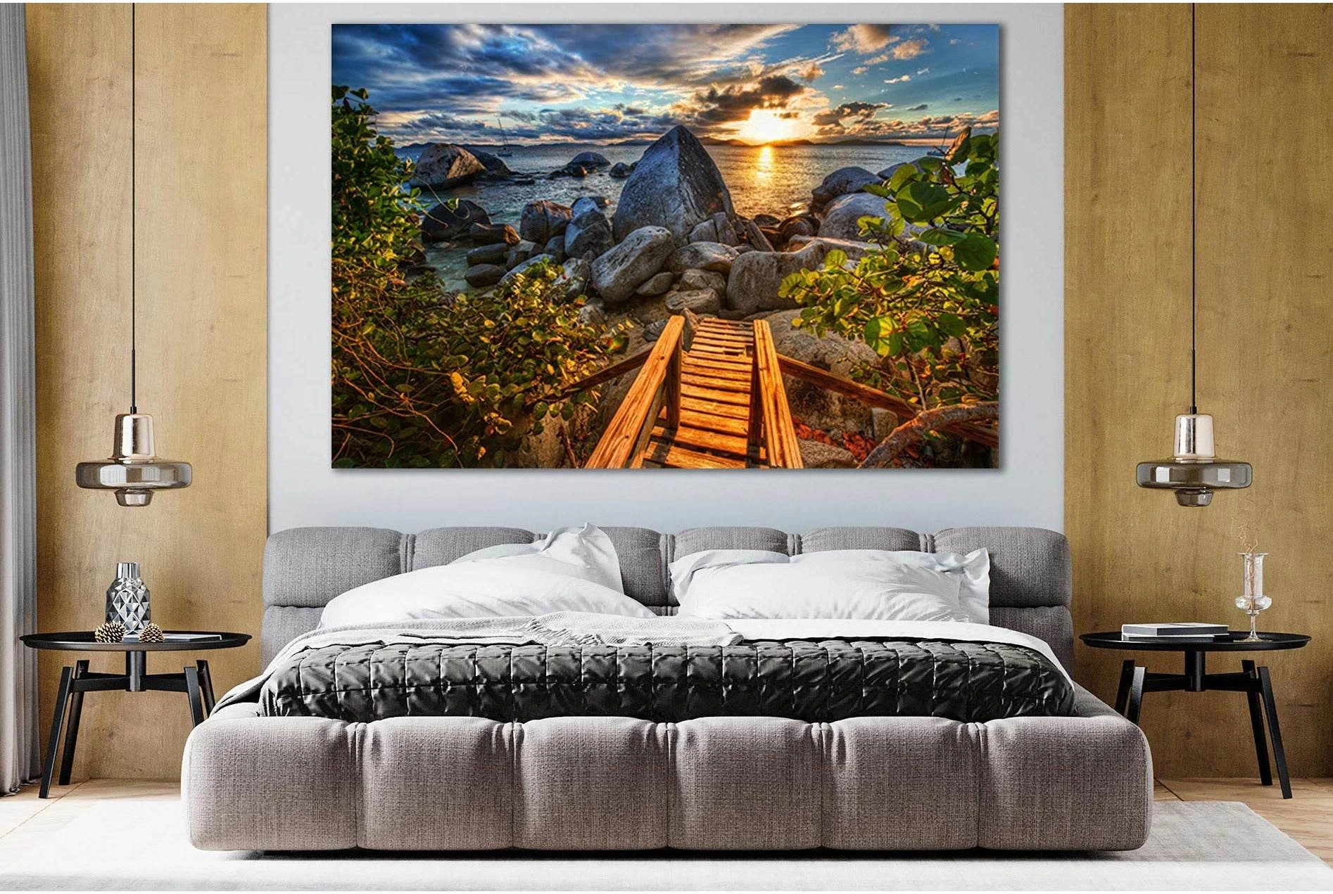 Wooden Staircase Sea Sunset №SL256 Ready to Hang Canvas Print - Zellart Canvas Prints 0new, ALL_Products, SUNRISE & SUNSET WALL ART