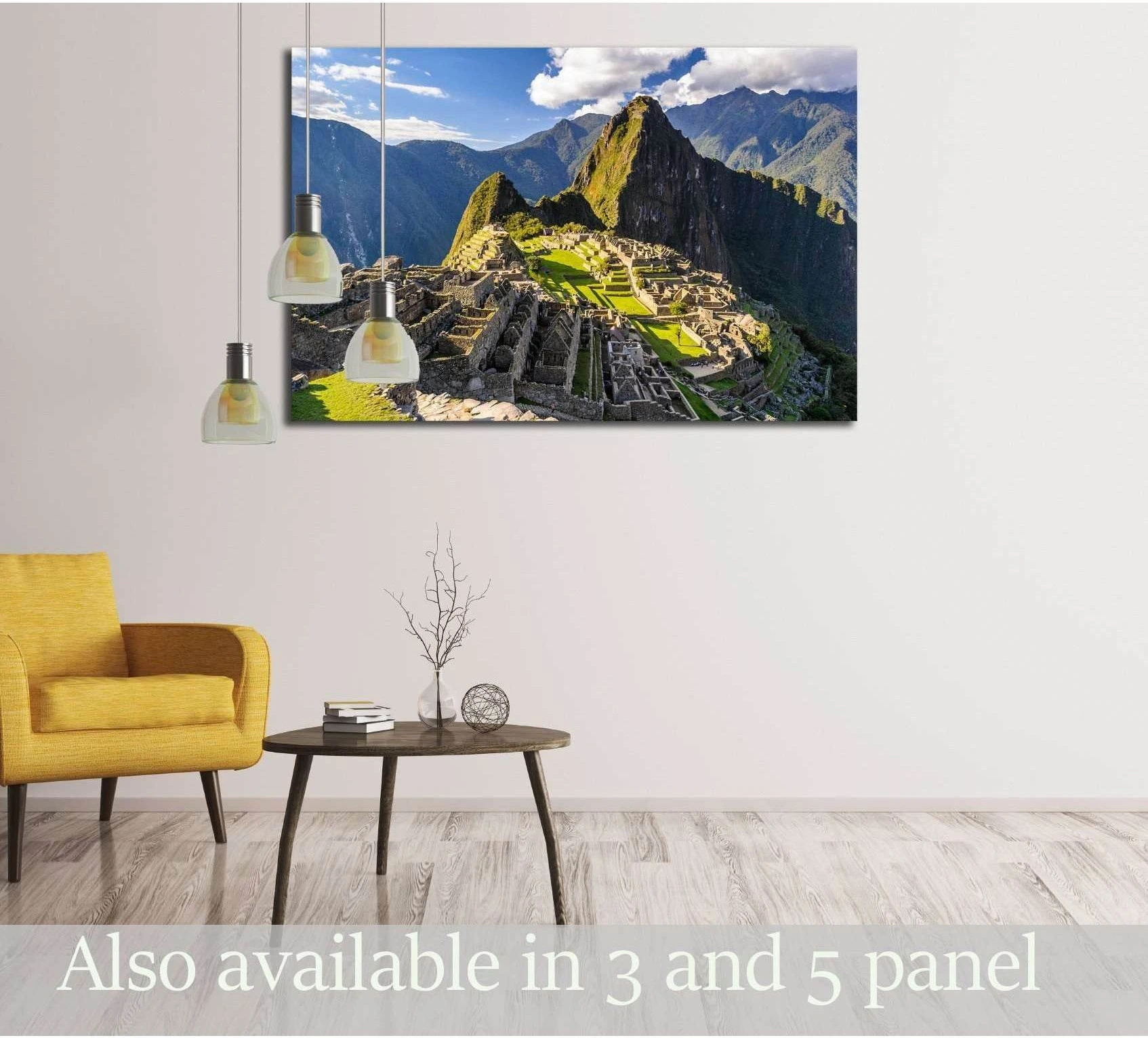 Machu Picchu canvas print of Peru Inca ruins hung above a sofa in a modern living room