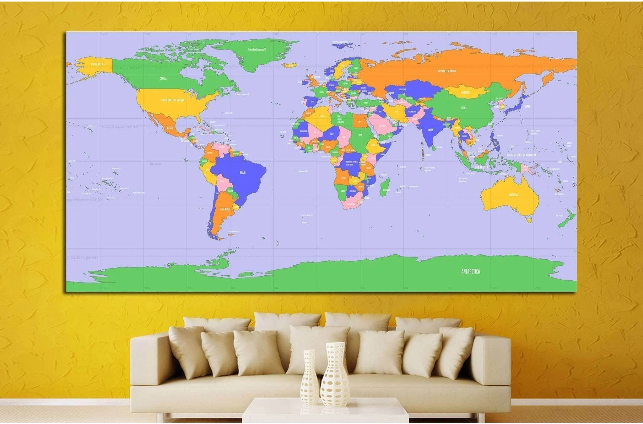 World map №1454 Ready to Hang Canvas Print - Zellart Canvas Prints ALL_Products, s-1454