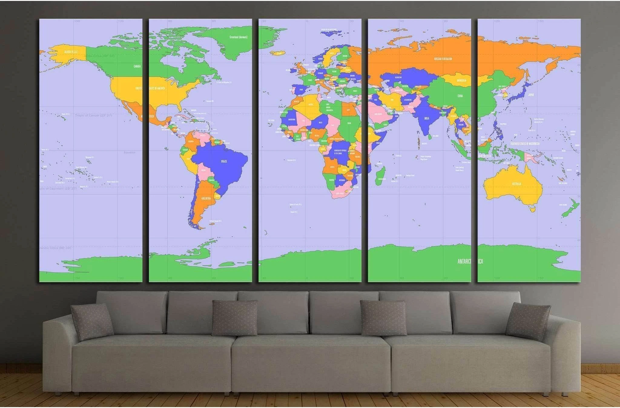 World map №1454 Ready to Hang Canvas Print - Zellart Canvas Prints ALL_Products, s-1454