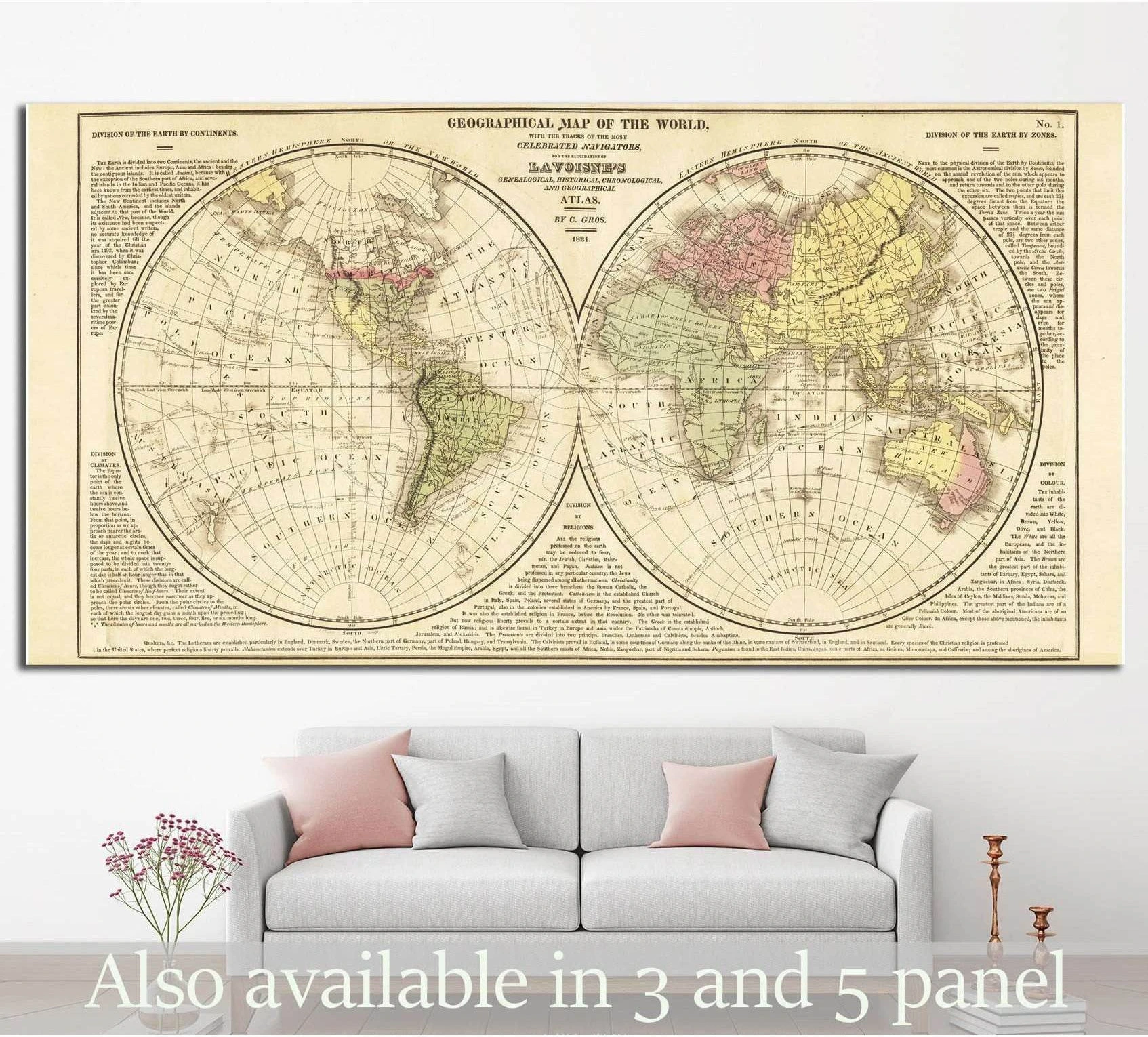 Antique world map canvas print with double hemisphere map hung above a sofa in a neutral living room