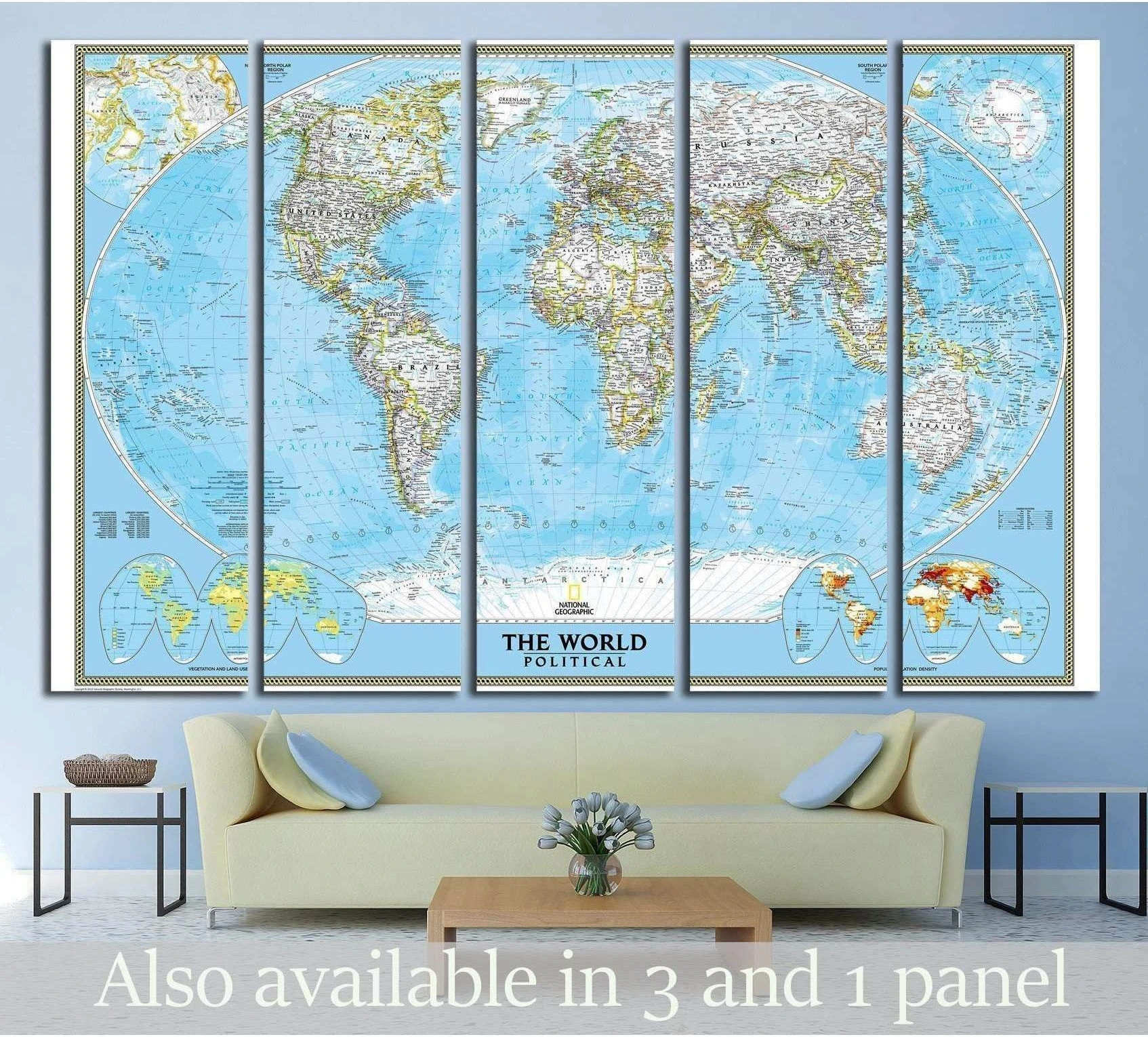 Five-panel political world map canvas print in blue and cream above a modern sofa
