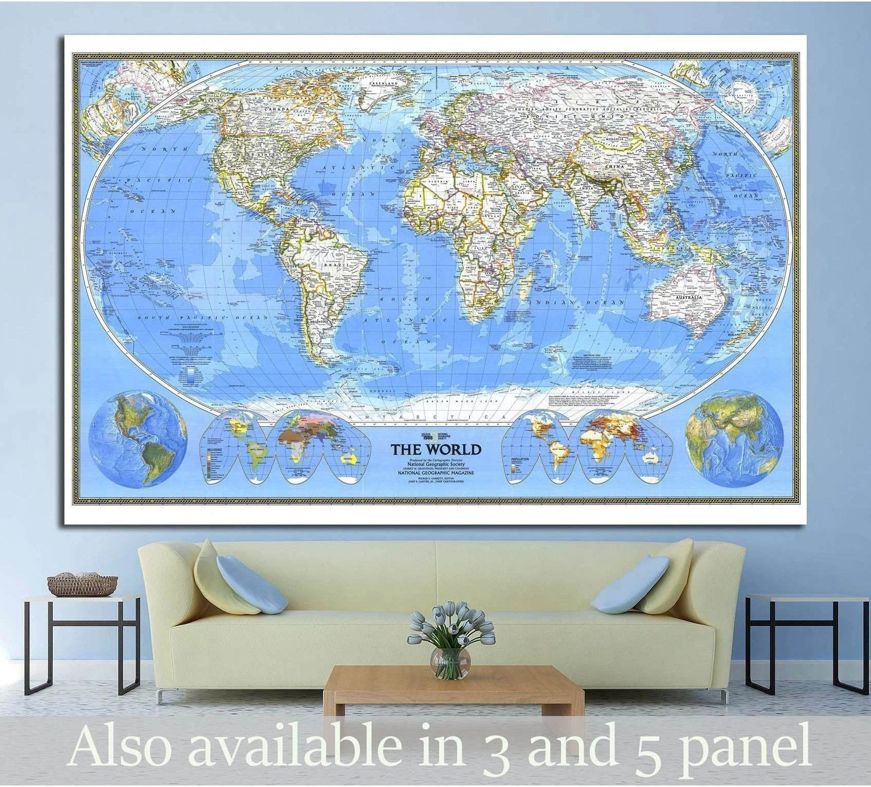 Detailed blue world map canvas print with political borders displayed above a sofa