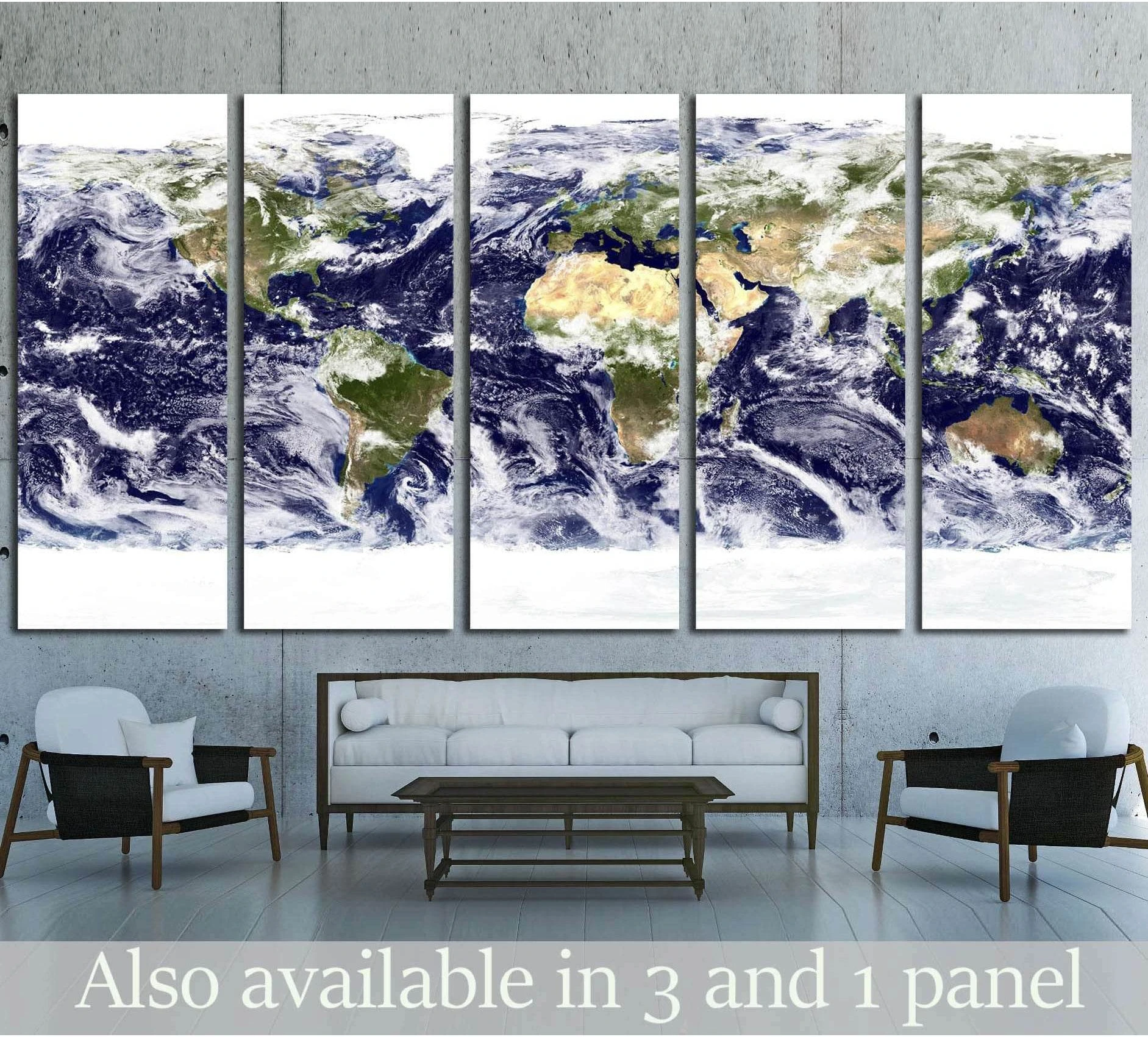Five-panel world map canvas print with blue oceans and cloud-covered continents above a sofa