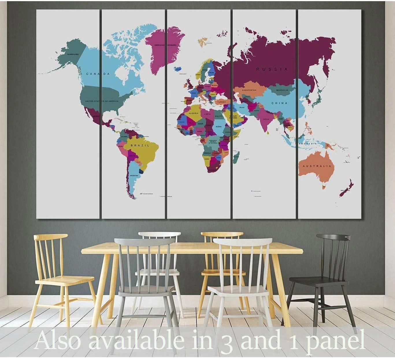 Multicolor political world map canvas print in five panels above a dining table in a modern room