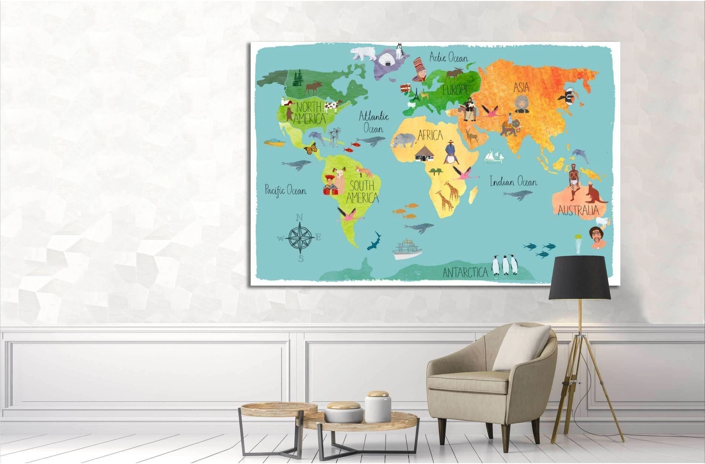 World map for kids room decor№33 Ready to Hang Canvas Print - Zellart Canvas Prints ALL_Products, s-33