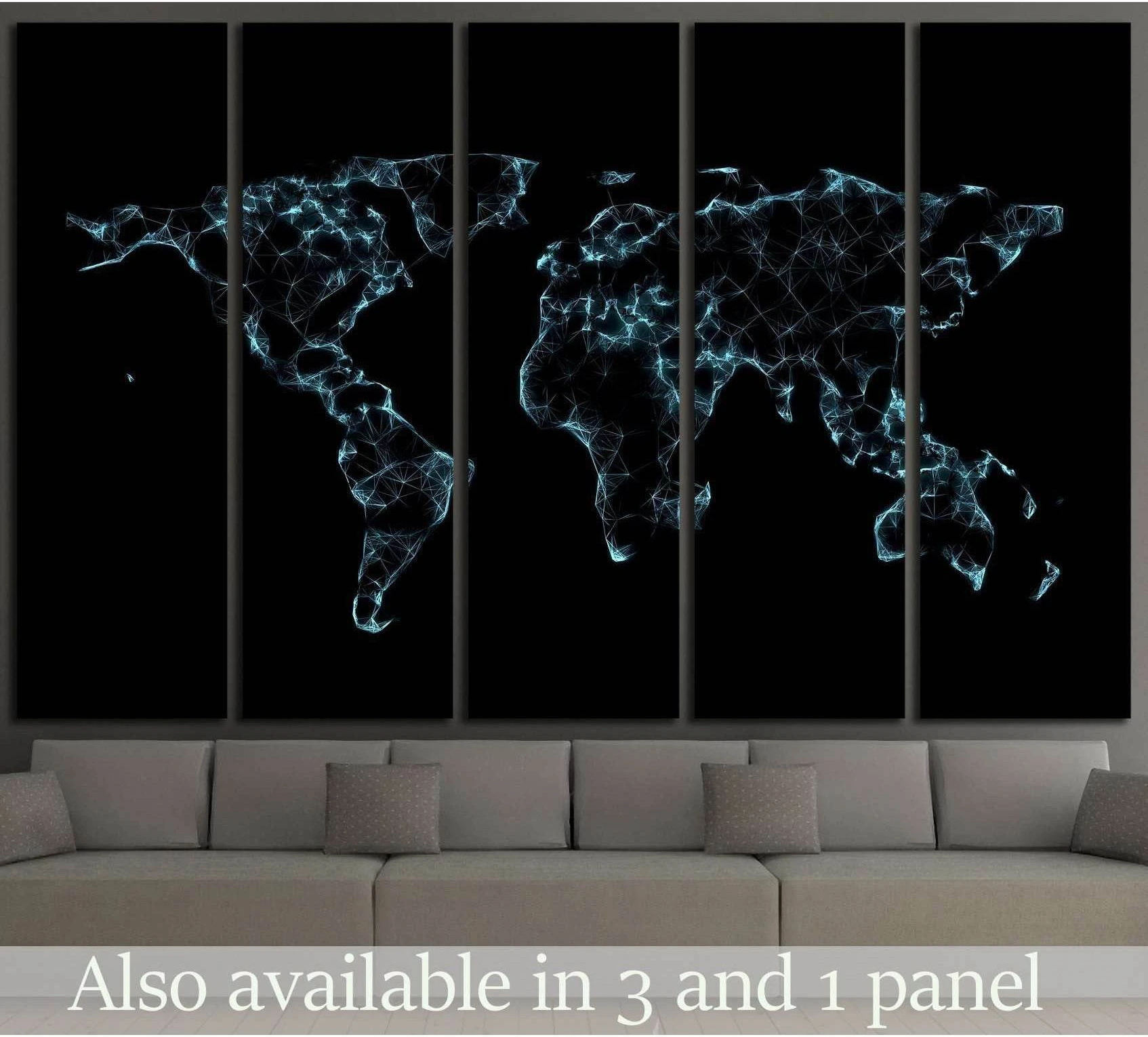 Low poly world map canvas print in glowing blue lines on black background above a sofa