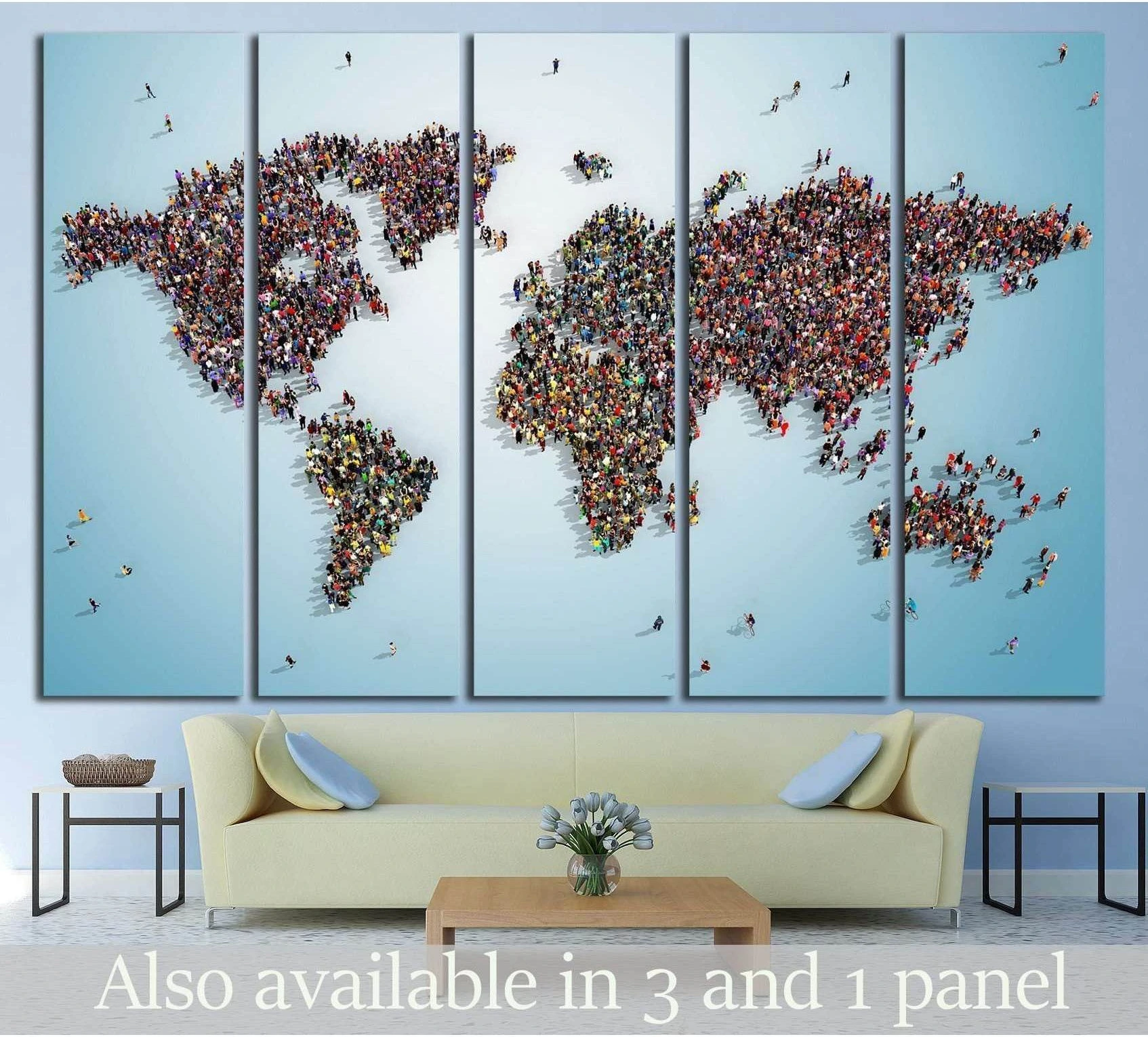 World map canvas print made from tiny people on a blue background above a sofa in a modern living room