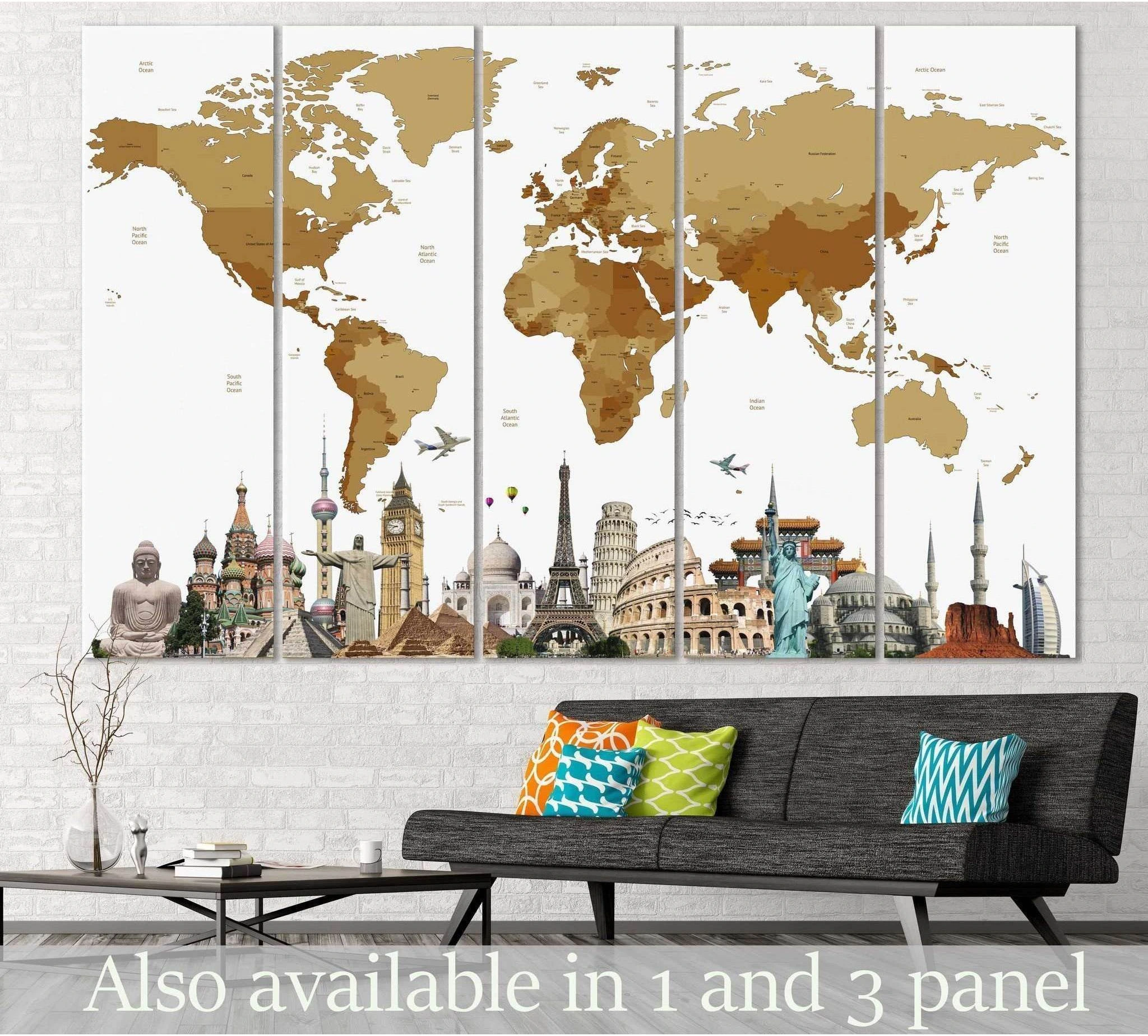 Sepia world map canvas print with landmark skyline in a five-panel living room display
