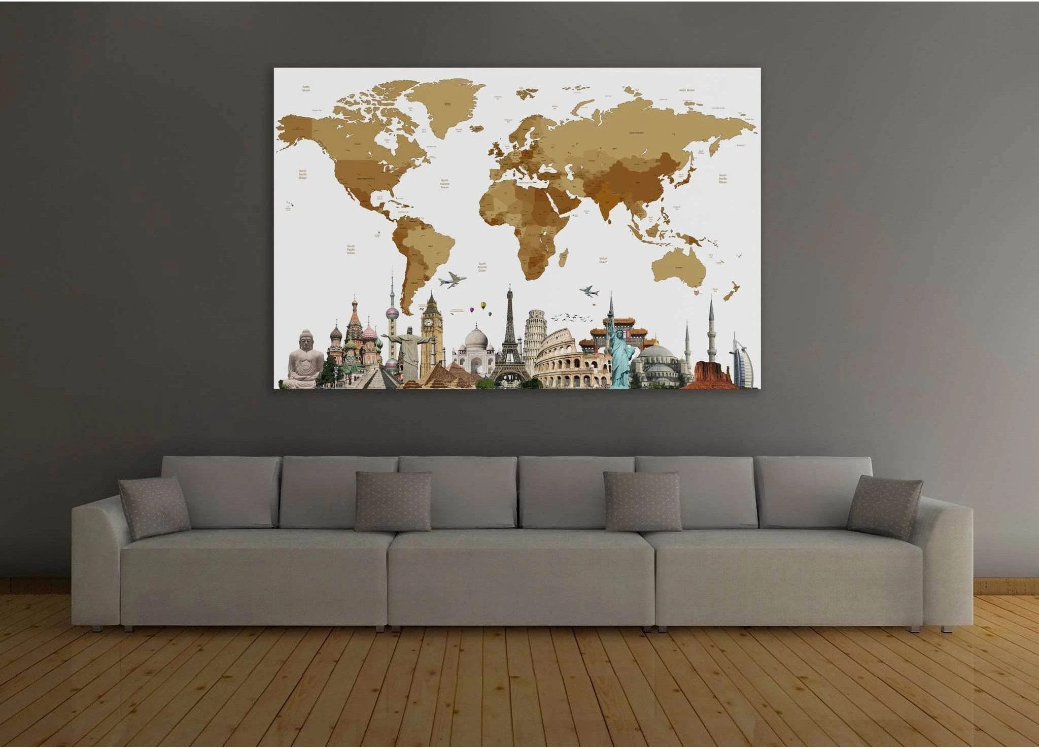 World Map with landmarks №101 Ready to Hang Canvas Print - Zellart Canvas Prints ALL_Products, autopostr_pinterest_65155, autopostr_pinterest_65157, autopostr_pinterest_65158, autopostr_pinterest_65160, wd-101