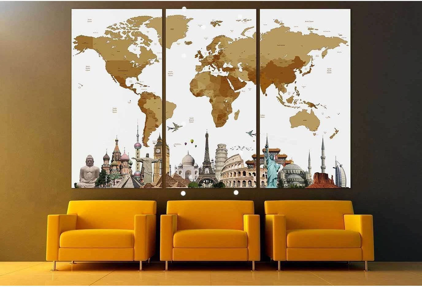 World Map with landmarks №101 Ready to Hang Canvas Print - Zellart Canvas Prints ALL_Products, autopostr_pinterest_65155, autopostr_pinterest_65157, autopostr_pinterest_65158, autopostr_pinterest_65160, wd-101