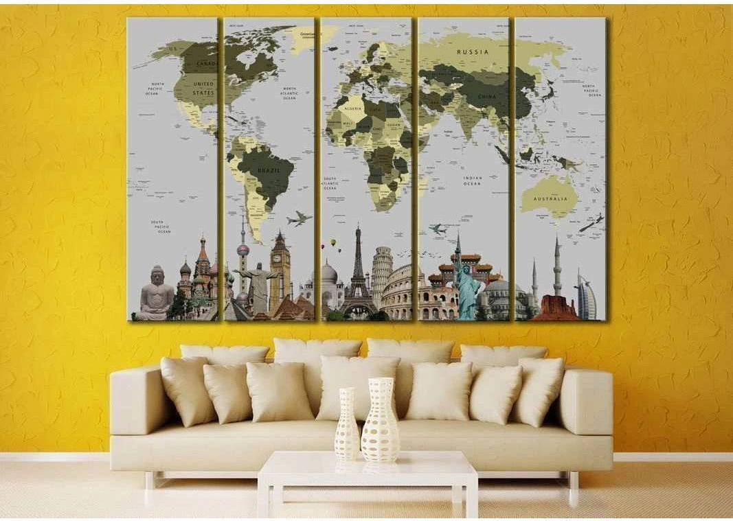 World Map With Landmarks №107 Ready to Hang Canvas Print - Zellart Canvas Prints ALL_Products, wd-107