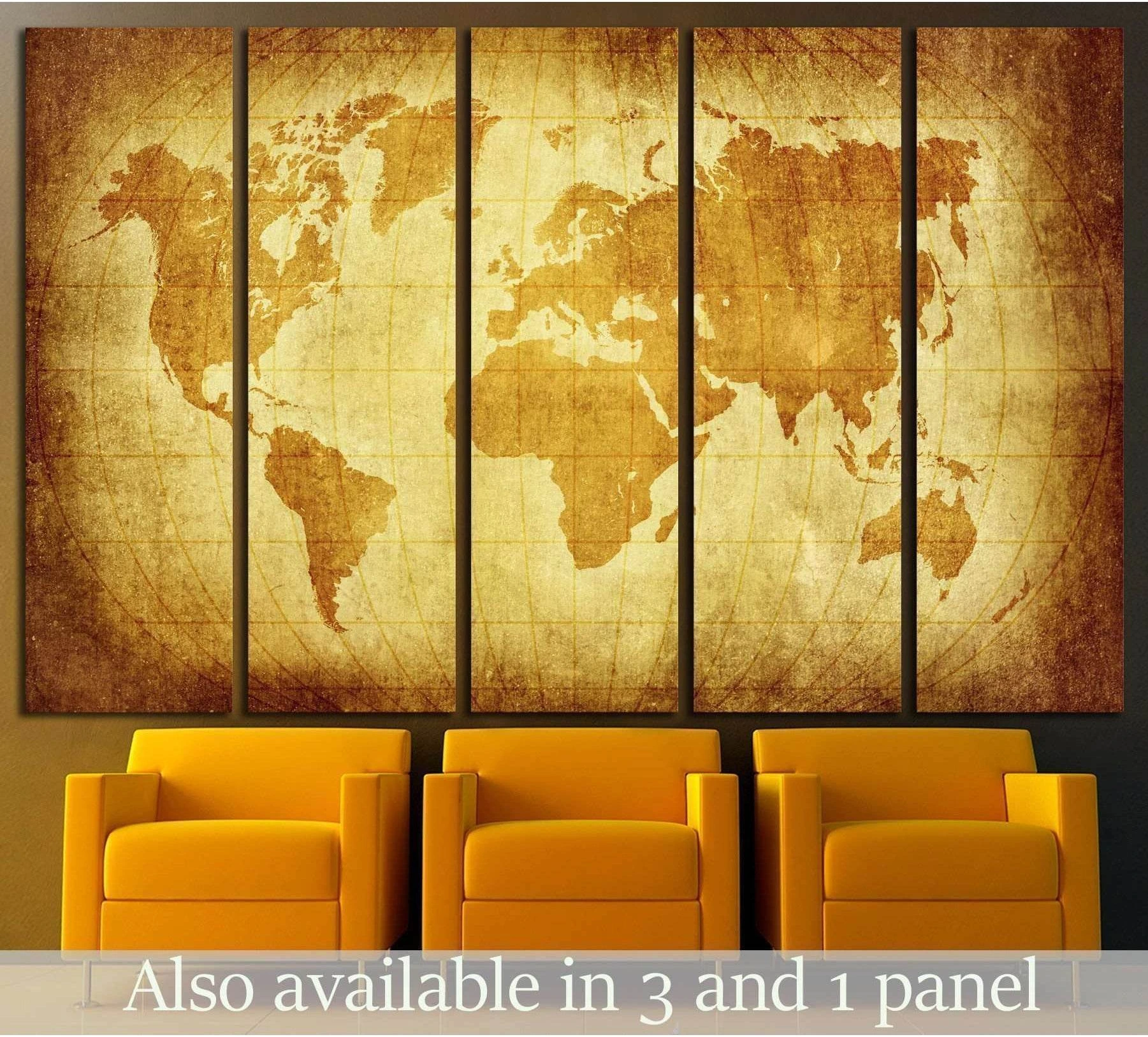 Vintage world map canvas print with sepia latitude lines above chairs in a modern office