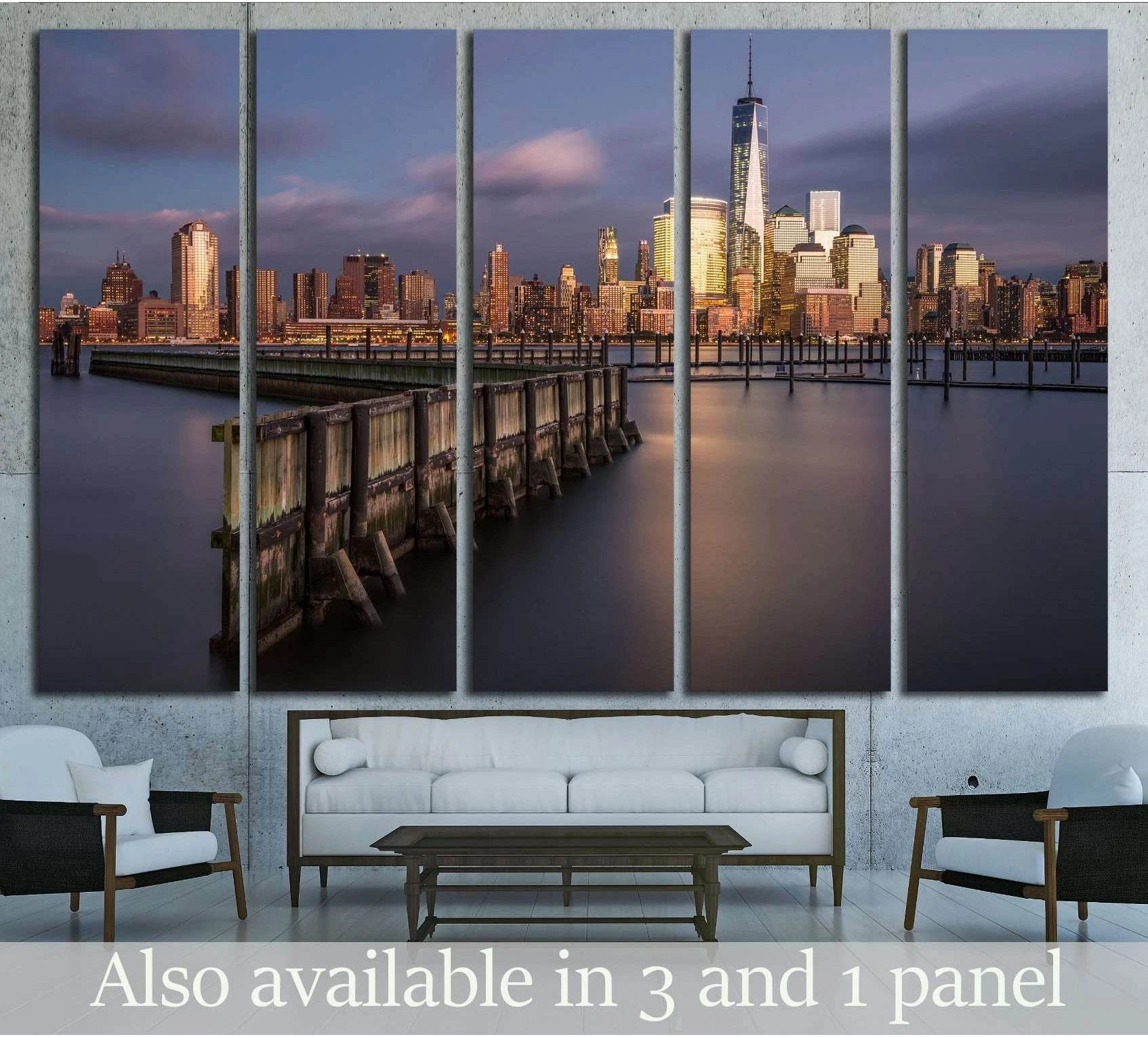 World Trade Center skyline canvas print above sofa, viewed from Newport Jersey City at dusk