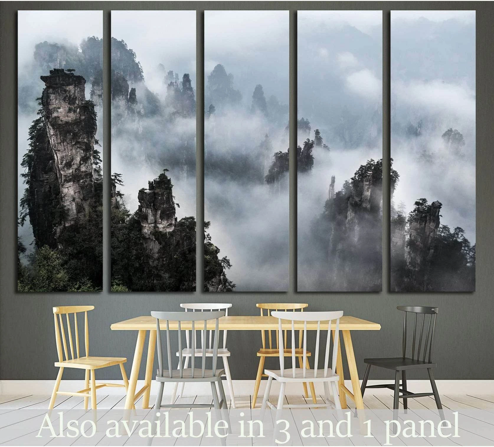 Misty Wulingyuan sandstone peaks canvas print in a modern dining room mockup