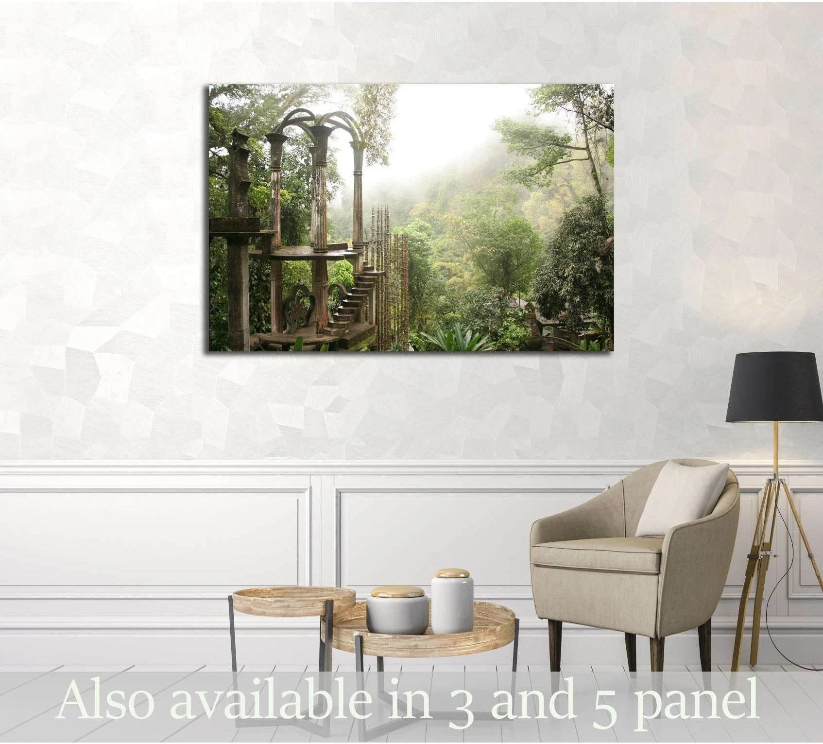 Edward James garden at Xilitla Mexico canvas print with misty jungle stairs and stone arches