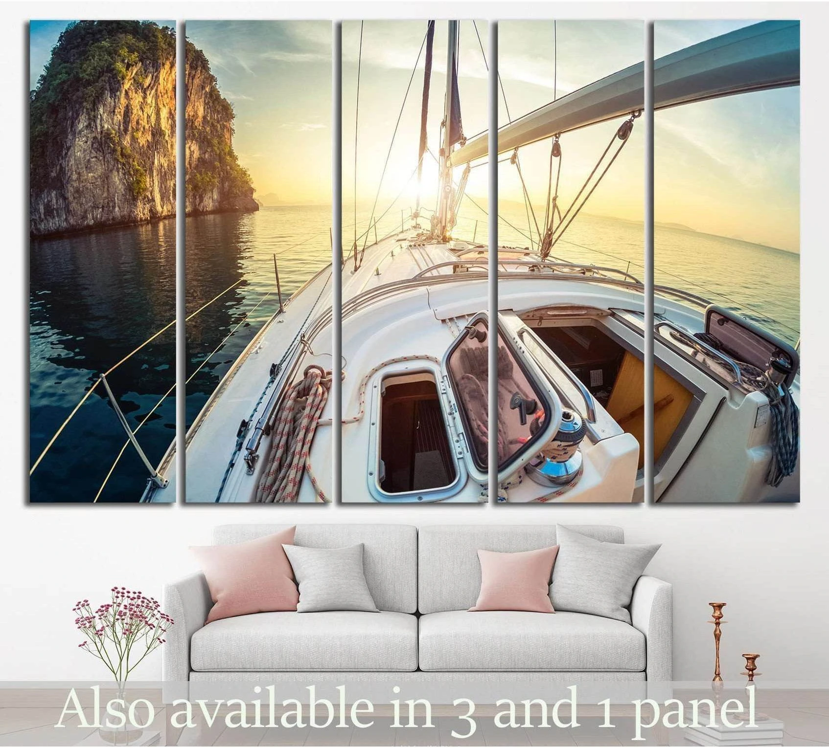 Yacht sunset canvas print above sofa showing a sailboat deck, calm sea, and rocky coastal cliff at golden hour