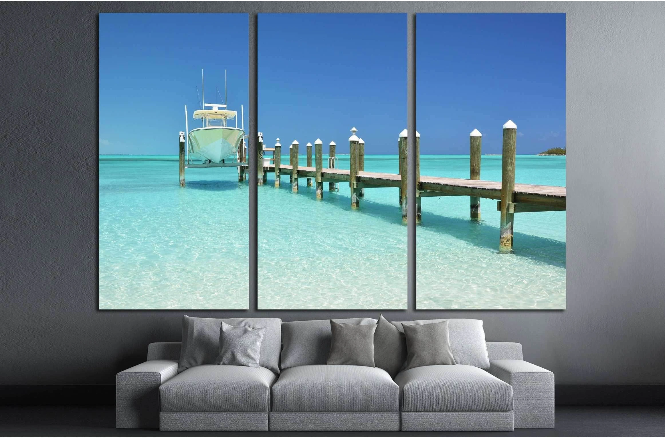 Yacht at the wooden jetty. Exuma, Bahamas №2683 Ready to Hang Canvas Print - Zellart Canvas Prints ALL_Products, s-2683