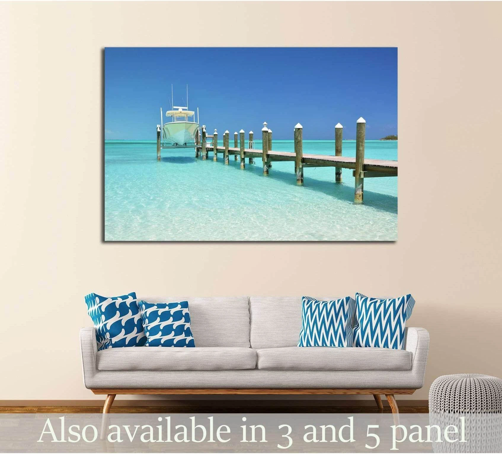 Yacht at the wooden jetty. Exuma, Bahamas showing blue ocean wall art with water and coastal depth.