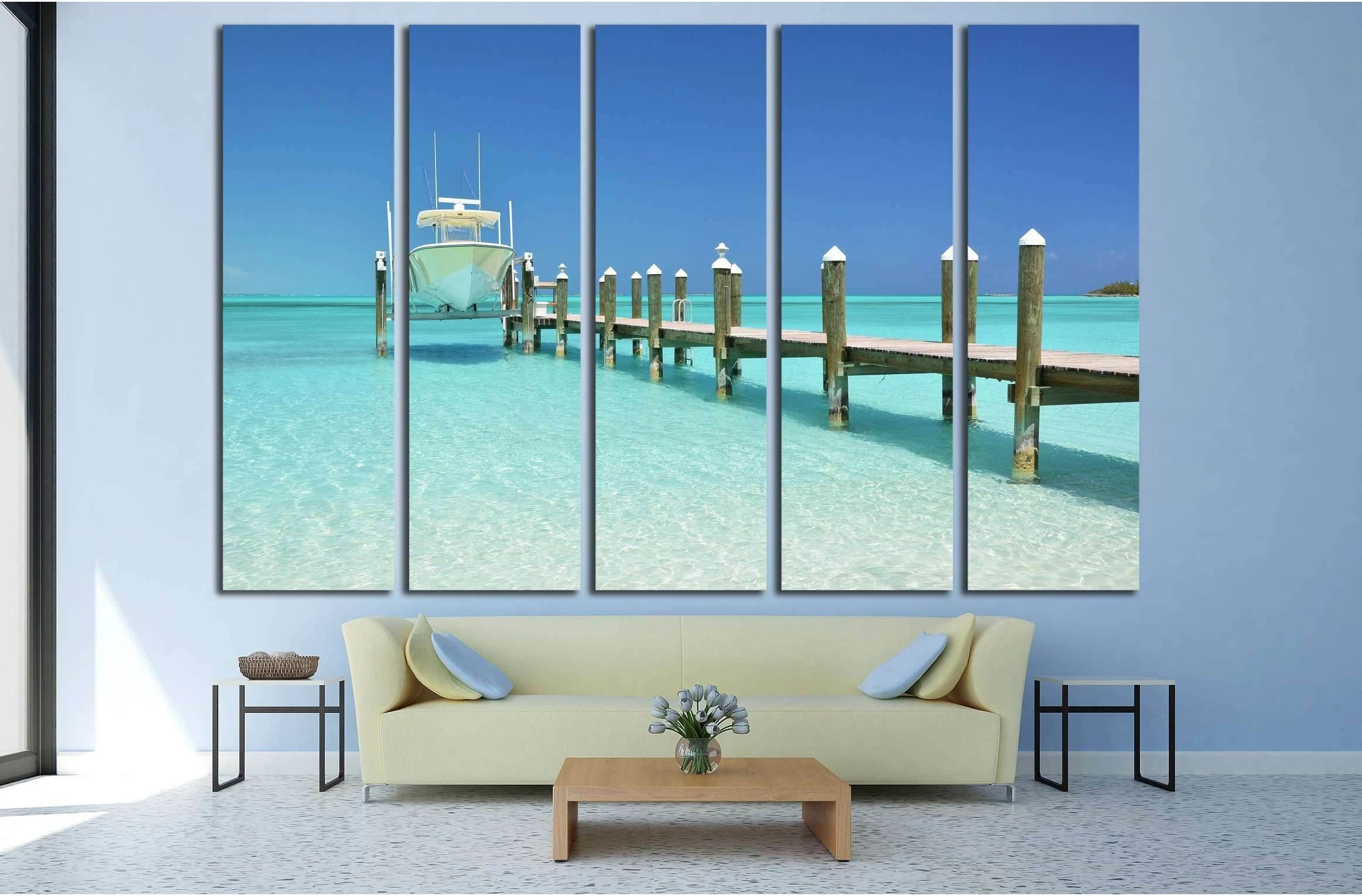 Yacht at the wooden jetty. Exuma, Bahamas №2683 Ready to Hang Canvas Print - Zellart Canvas Prints ALL_Products, s-2683