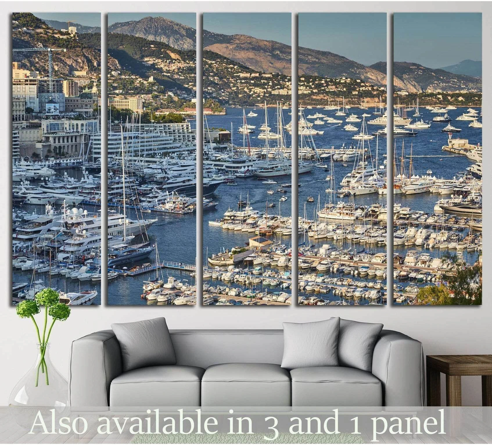 Monaco yacht marina canvas print shown as a five-panel artwork above a sofa in a modern living room