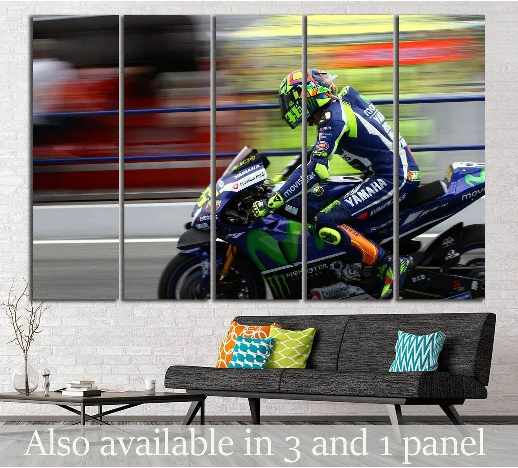 Yamaha YZR-M1 MotoGP canvas print in a five-panel living room mockup with motion blur