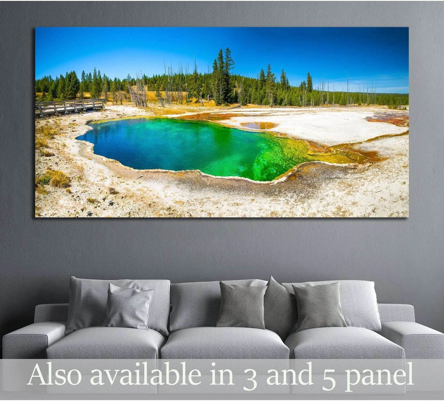 Yellowstone Abyss Pool canvas print above sofa with blue and green geothermal spring landscape