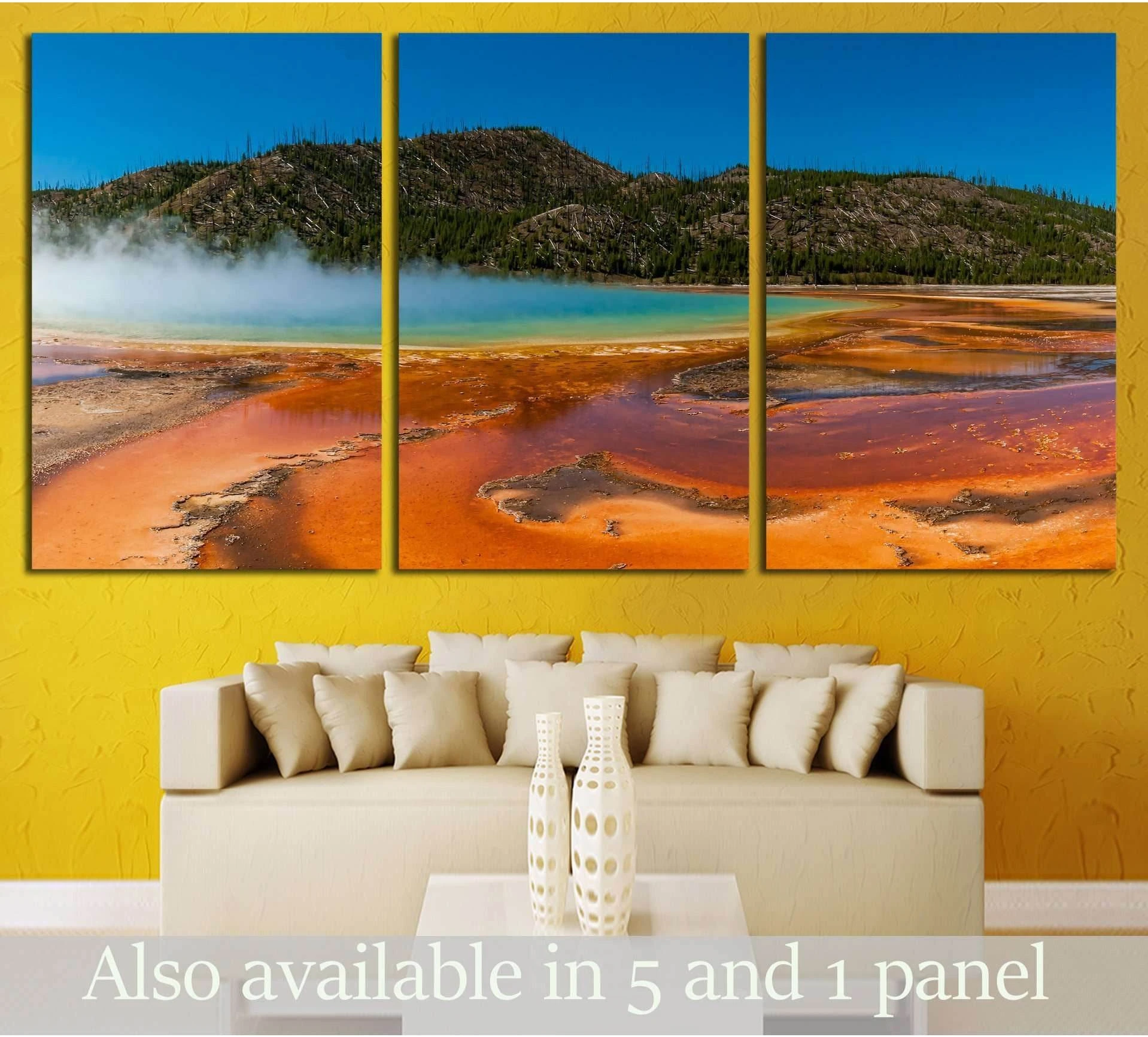 Grand Prismatic Spring Yellowstone canvas print triptych above sofa with turquoise water and orange geothermal shore