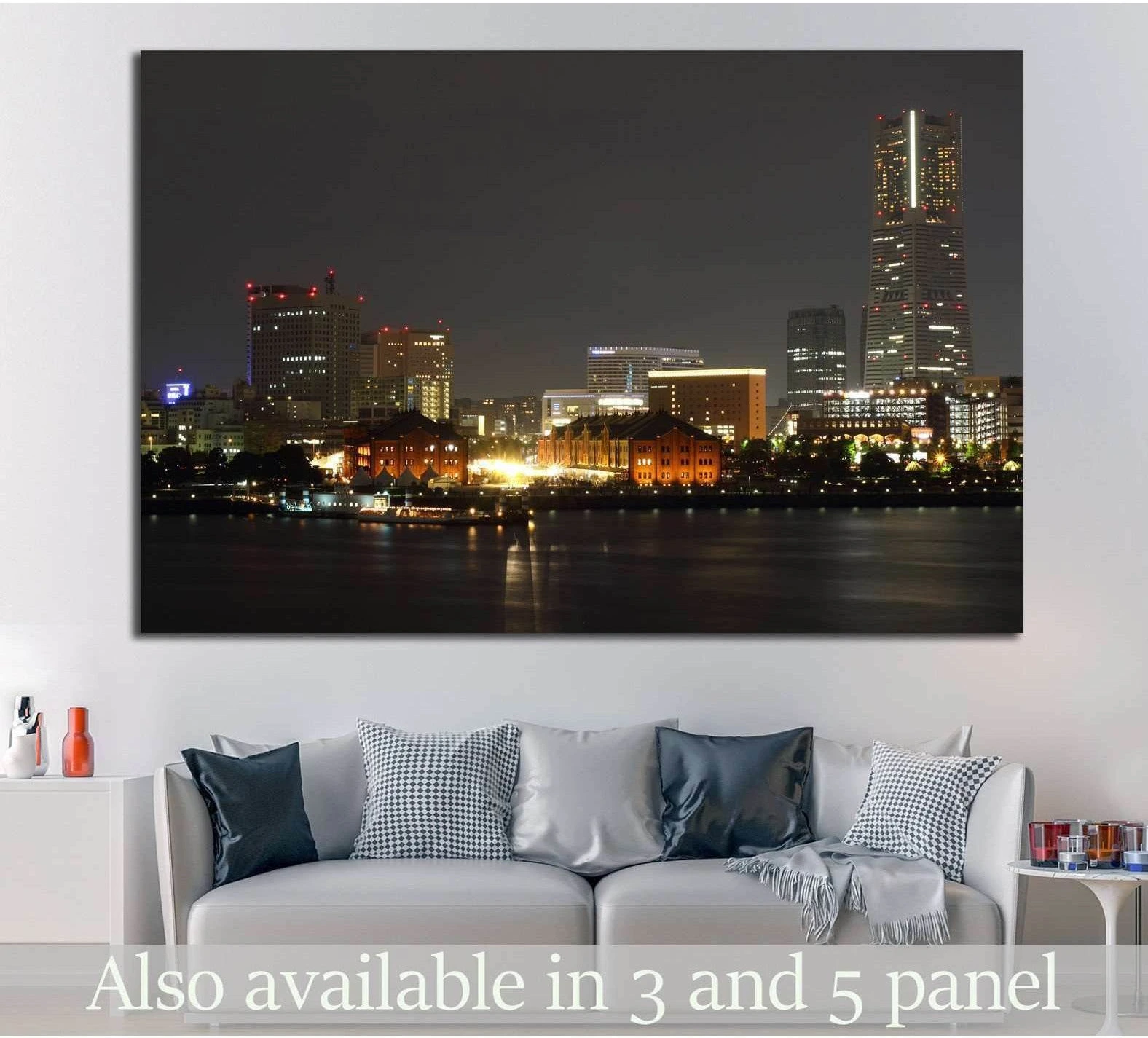 Yokohama night skyline canvas print above a sofa with Landmark Tower and glowing waterfront lights