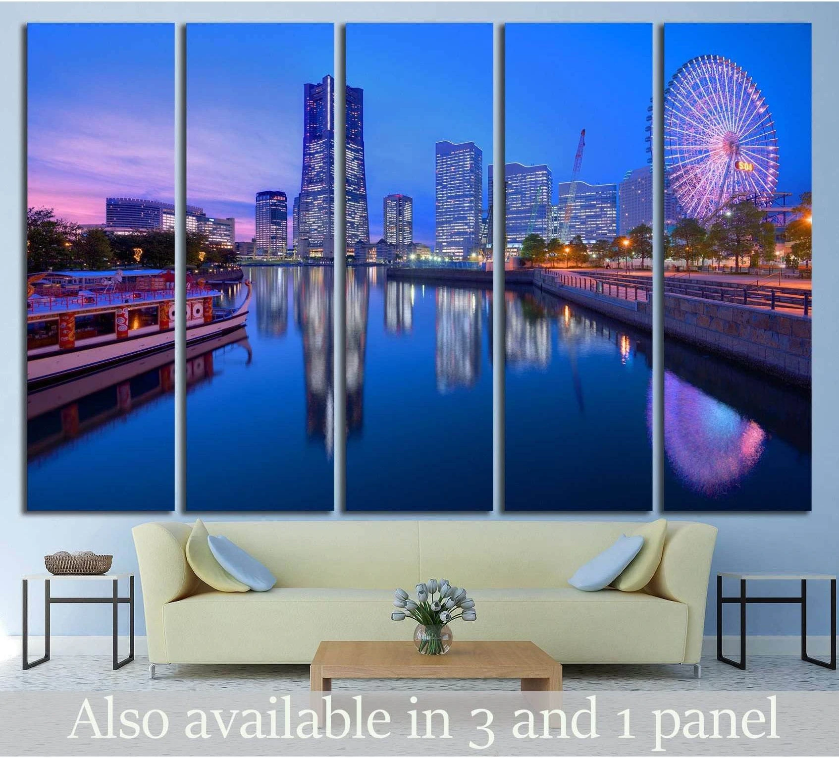 Yokohama Minato Mirai skyline canvas print with illuminated Ferris wheel over blue waterfront, shown above sofa